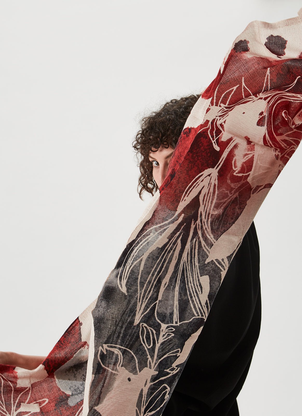 Women Shawl | Black/Red Cotton Shawl With Floral Pri by Spanish designer Adolfo Dominguez