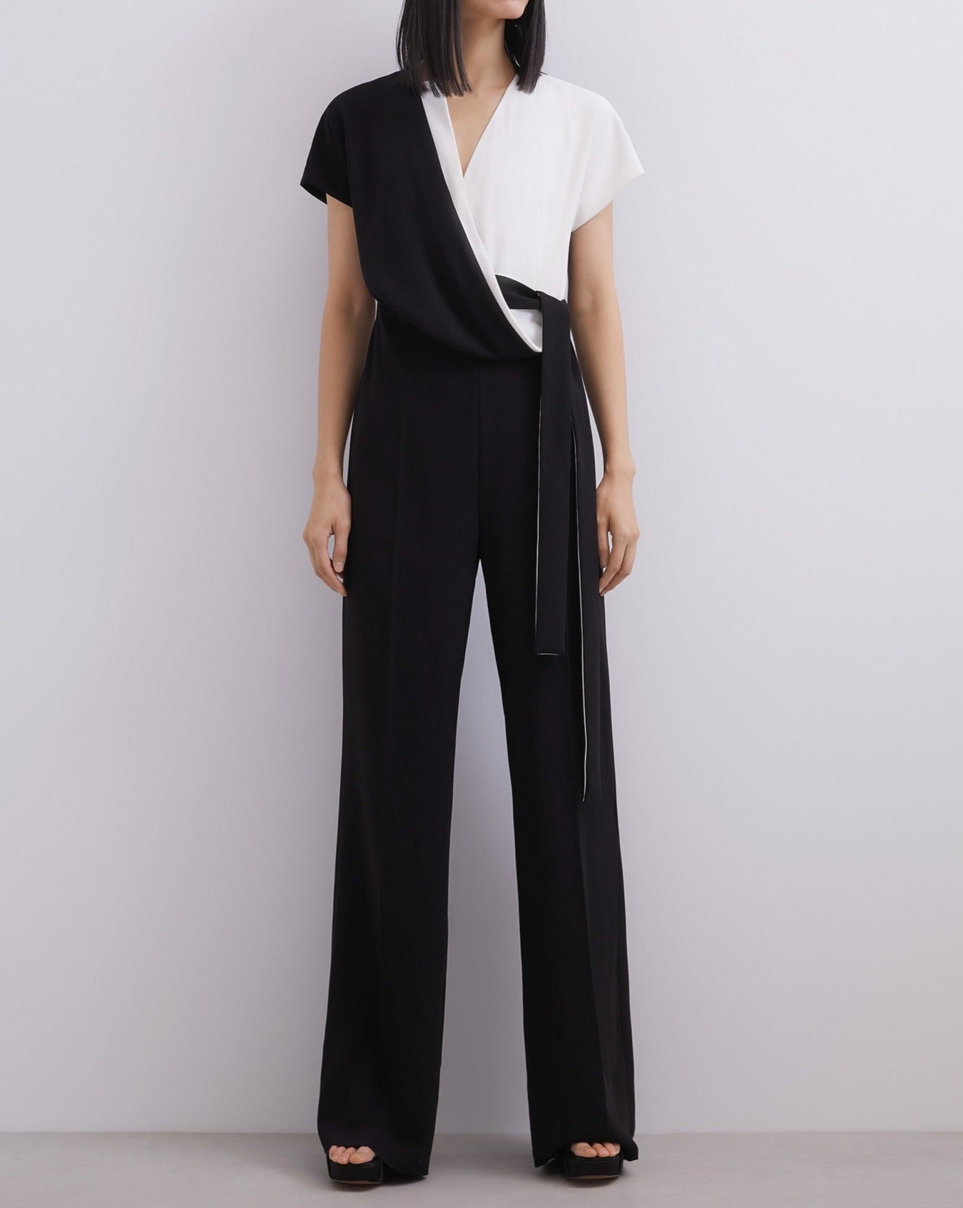 Women Jumpsuit | Black/White Straight Bicolour Jumpsuit With Belt by Spanish designer Adolfo Dominguez
