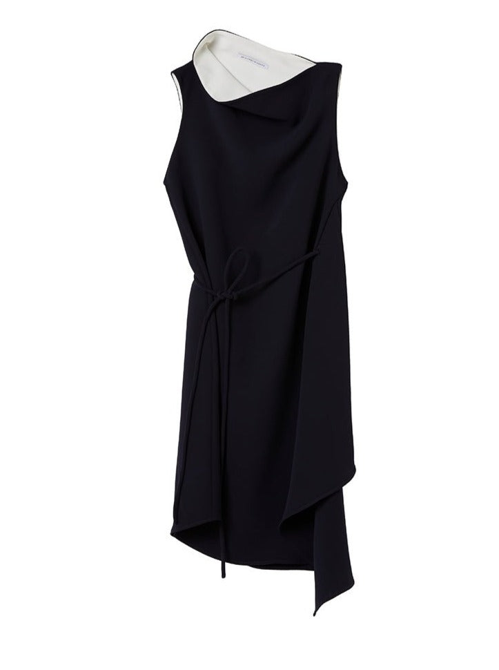 Women Dress | Blue Asymmetric Dress With Chimney Collar by Spanish designer Adolfo Dominguez