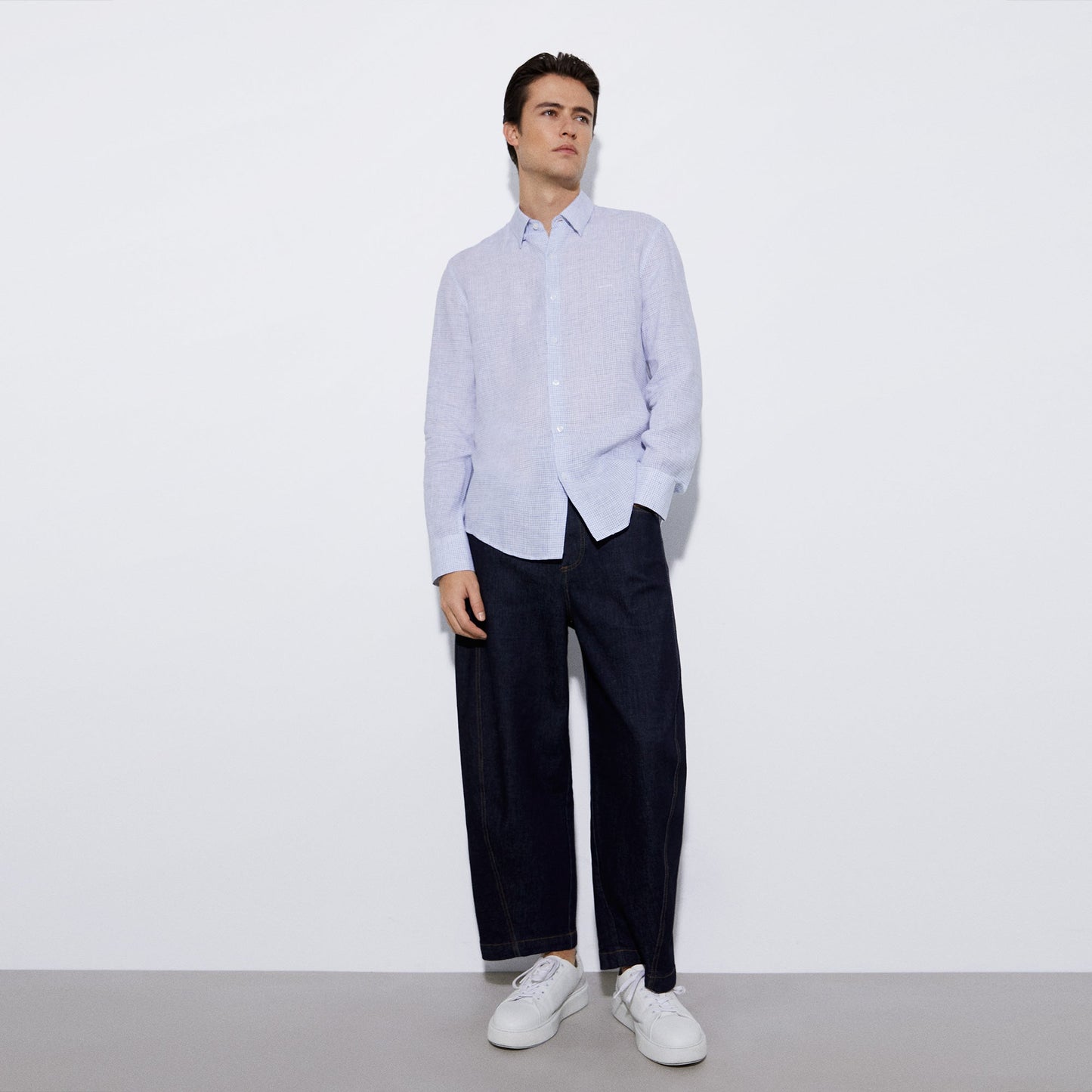 Men Shirt | Blue Check Printed Linen Lapel Collar Shirt by Spanish designer Adolfo Dominguez