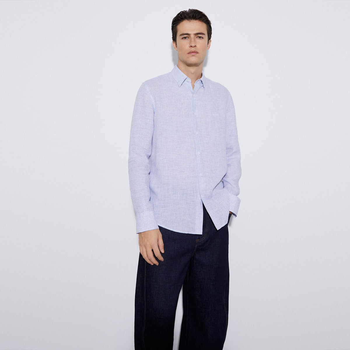 Men Shirt | Blue Check Printed Linen Lapel Collar Shirt by Spanish designer Adolfo Dominguez