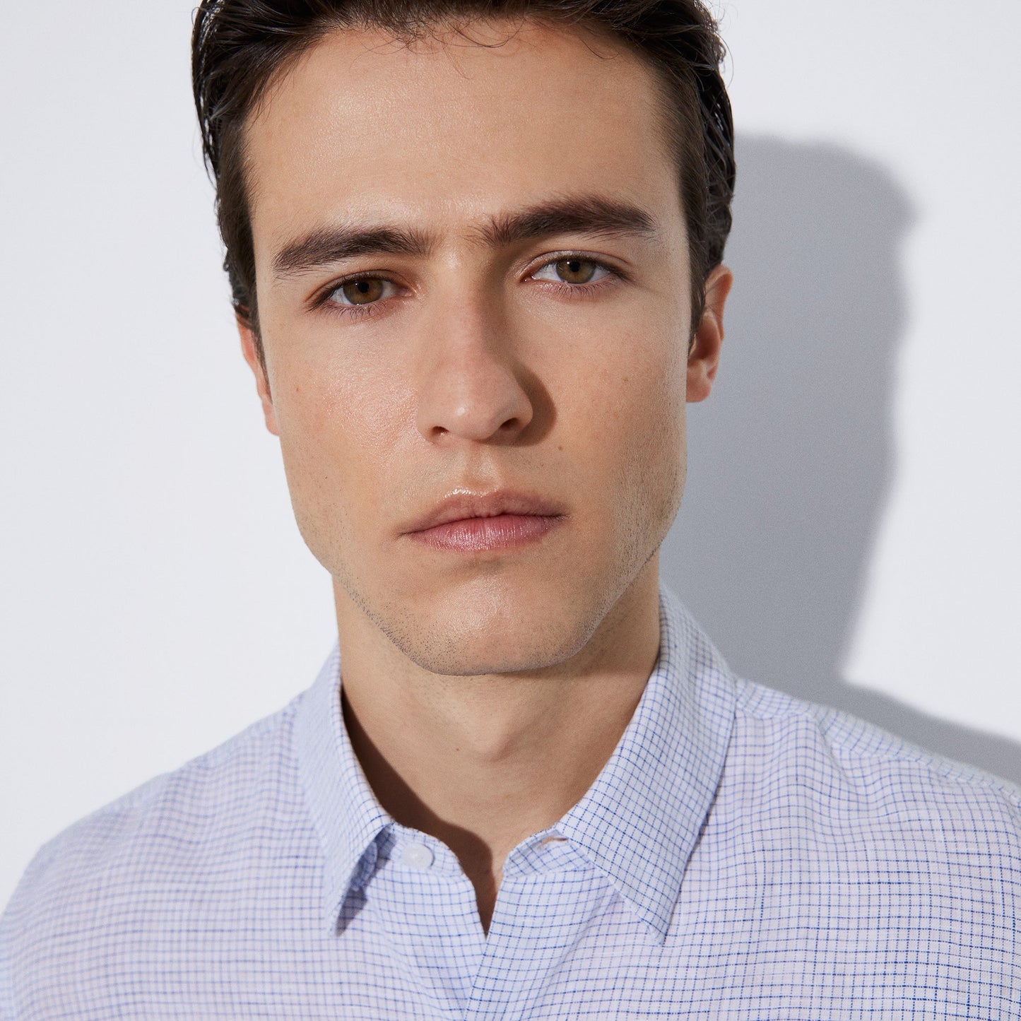 Men Shirt | Blue Check Printed Linen Lapel Collar Shirt by Spanish designer Adolfo Dominguez