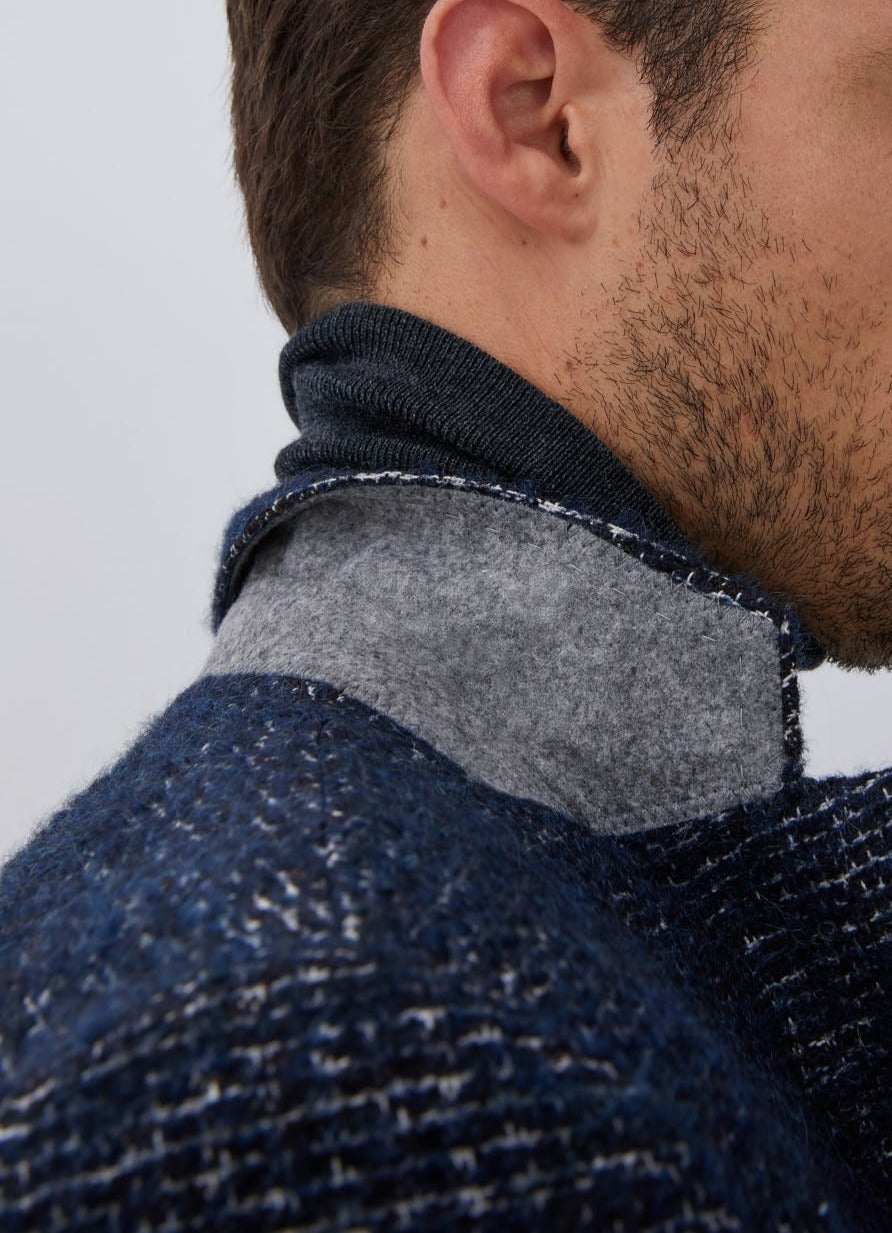 Men Structured Jacket | Blue Checked Wool Blend Blazer by Spanish designer Adolfo Dominguez