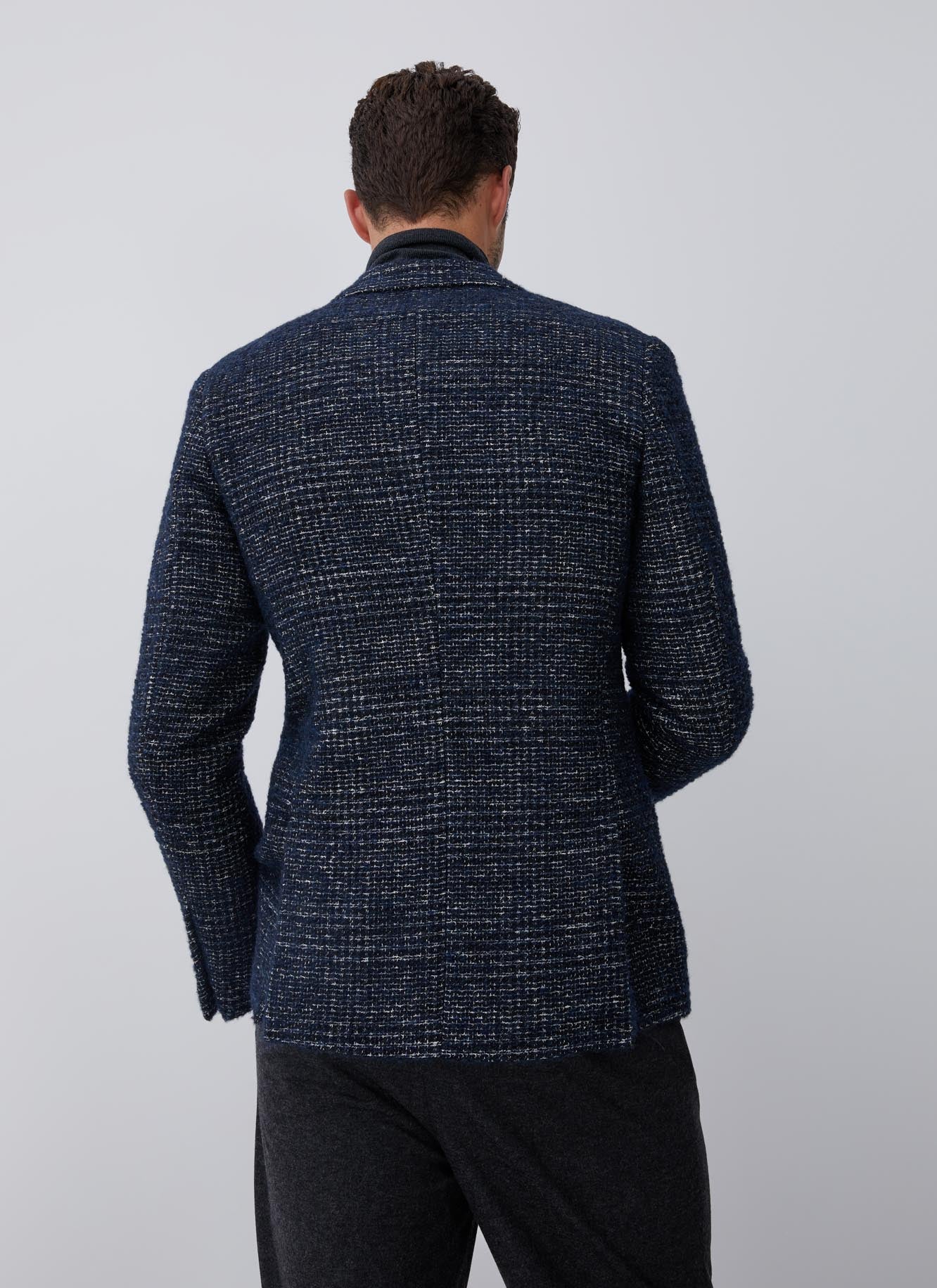 Men Structured Jacket | Blue Checked Wool Blend Blazer by Spanish designer Adolfo Dominguez