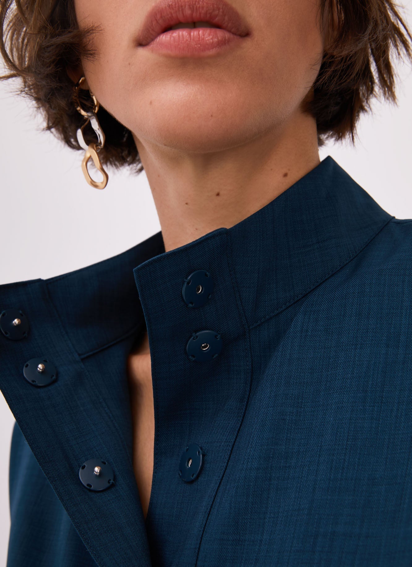 Women Short Sleeved Shirt | Blue High Collar Blouse With Flap by Spanish designer Adolfo Dominguez