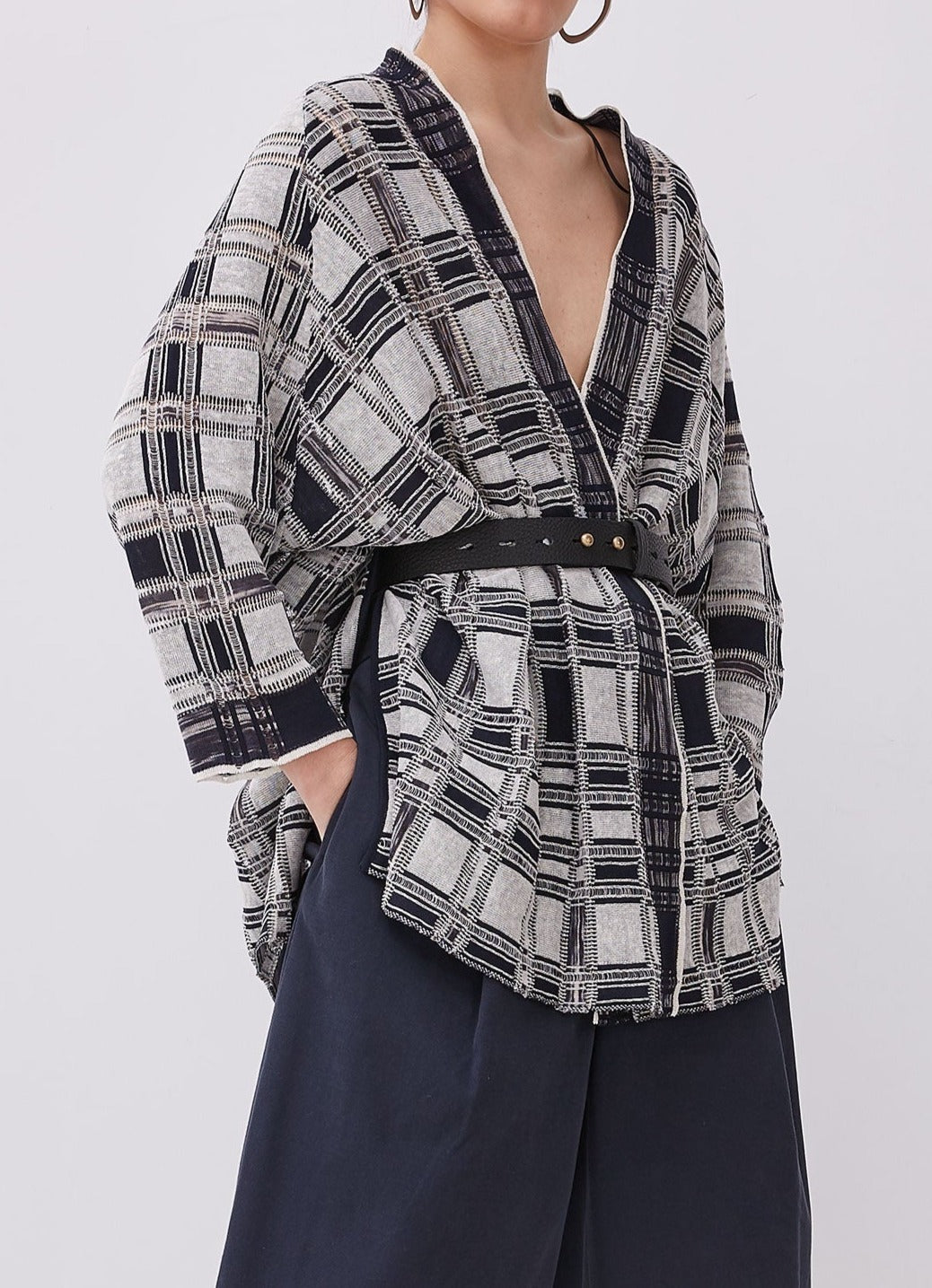 Women Structured Jacket | Blue Linen, Cotton & Viscose Kimono by Spanish designer Adolfo Dominguez