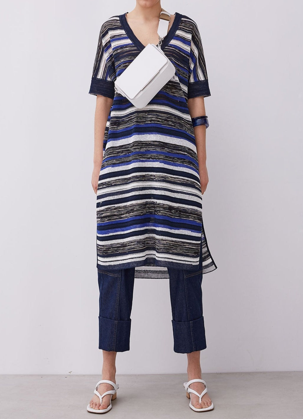 Women Jersey | Blue Linen & Viscose Dress by Spanish designer Adolfo Dominguez