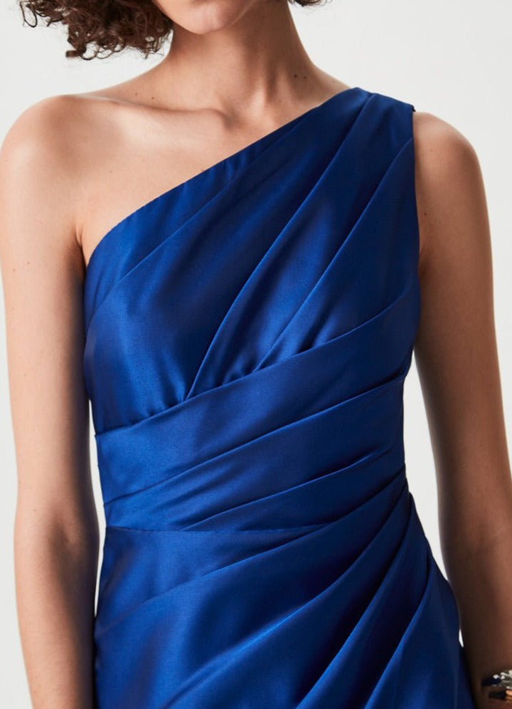 Women Cocktail Dress | Blue Long Asymmetric Dress by Spanish designer Adolfo Dominguez