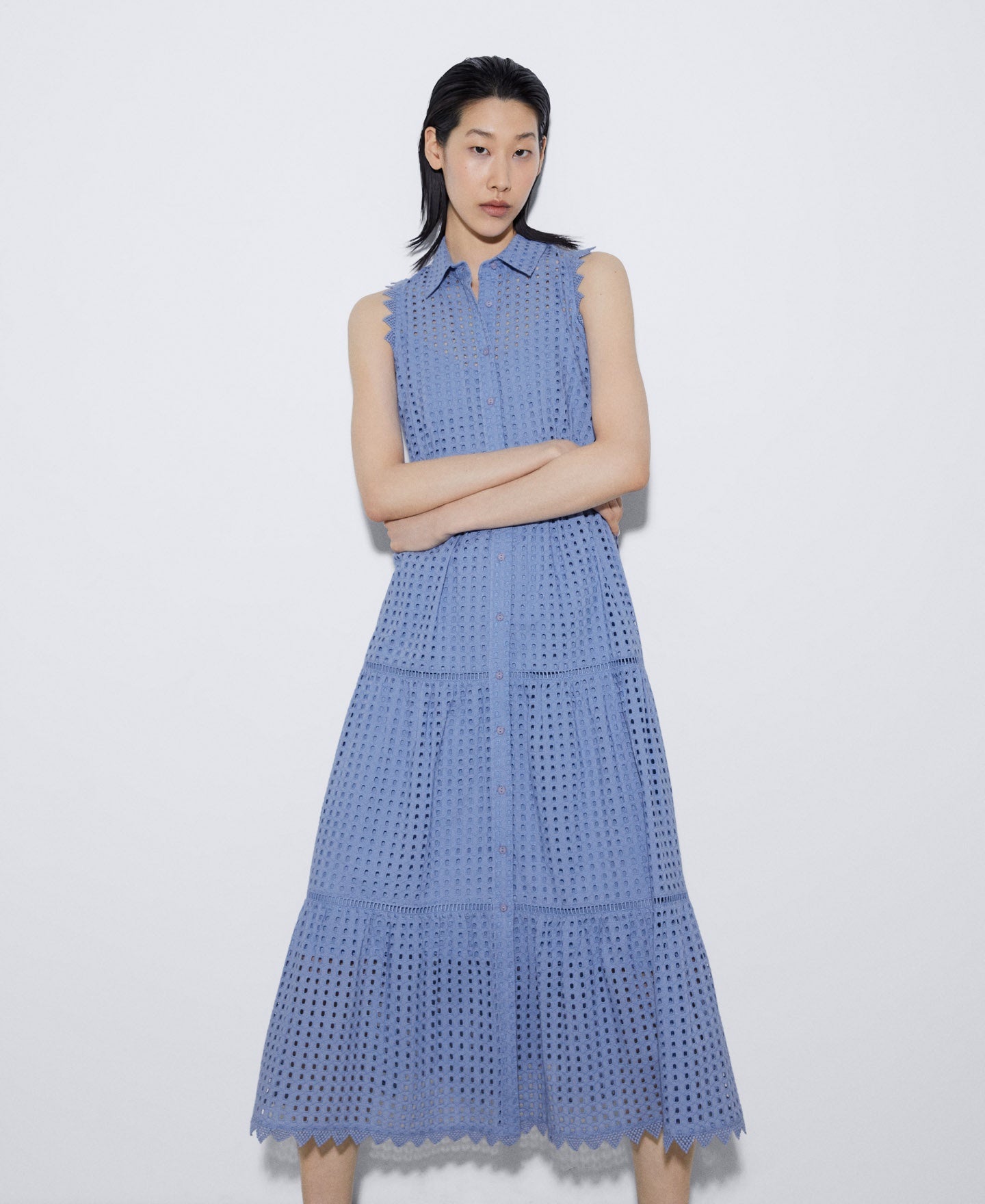Women Dress | Blue Long Dress With Shirt Collar by Spanish designer Adolfo Dominguez