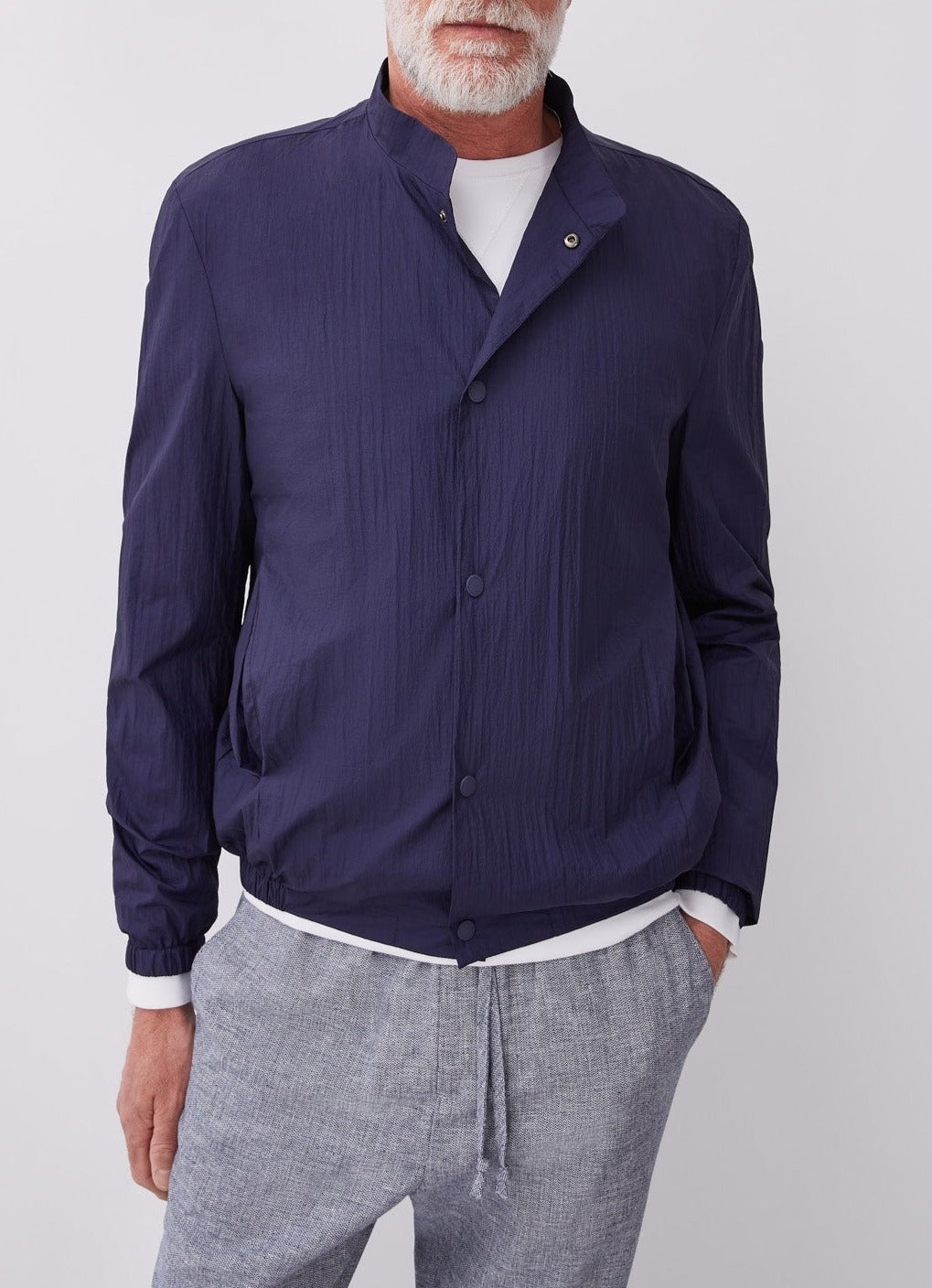 Men Short Jacket | Blue Mallard Nylon Jacket With Raised Collar by Spanish designer Adolfo Dominguez