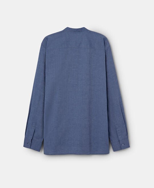 Men Shirt | Blue Mandarin Collar Henley Cotton Shirt by Spanish designer Adolfo Dominguez