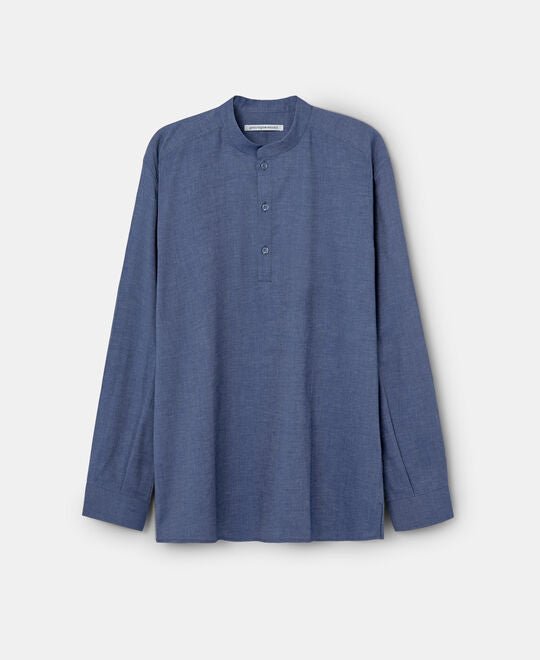Men Shirt | Blue Mandarin Collar Henley Cotton Shirt by Spanish designer Adolfo Dominguez