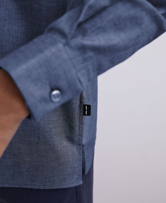 Men Shirt | Blue Mandarin Collar Henley Cotton Shirt by Spanish designer Adolfo Dominguez