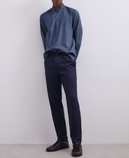 Men Shirt | Blue Mandarin Collar Henley Cotton Shirt by Spanish designer Adolfo Dominguez