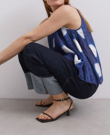 Women Top | Blue Print Blue Linen Printed Top by Spanish designer Adolfo Dominguez
