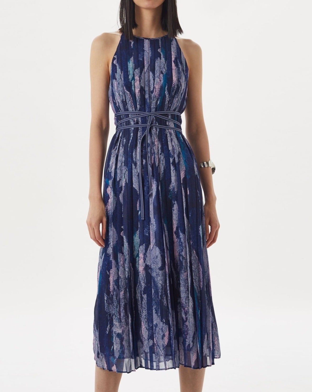 Women Dress | Blue Print Pleated Dress With Chalk Effect Print by Spanish designer Adolfo Dominguez