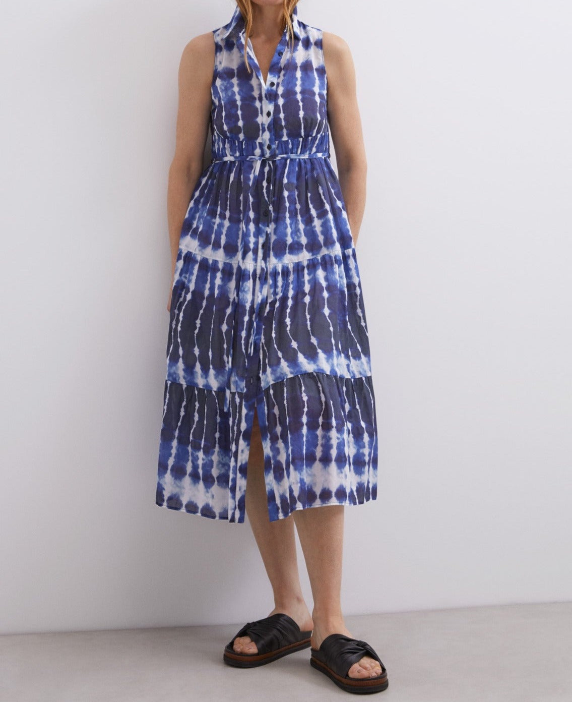 Women Dress | Blue Print Shibori Shirt Collar Dress by Spanish designer Adolfo Dominguez