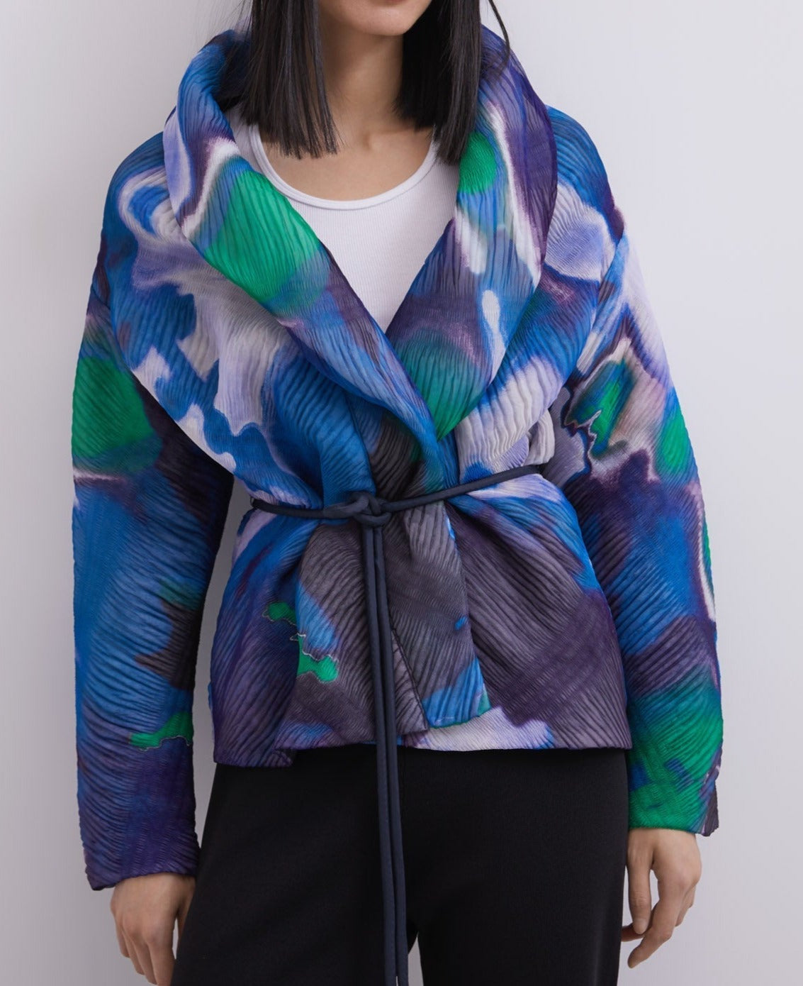 Women Unstructured Jacket | Blue Print Wrap-Around Collar Jacket by Spanish designer Adolfo Dominguez