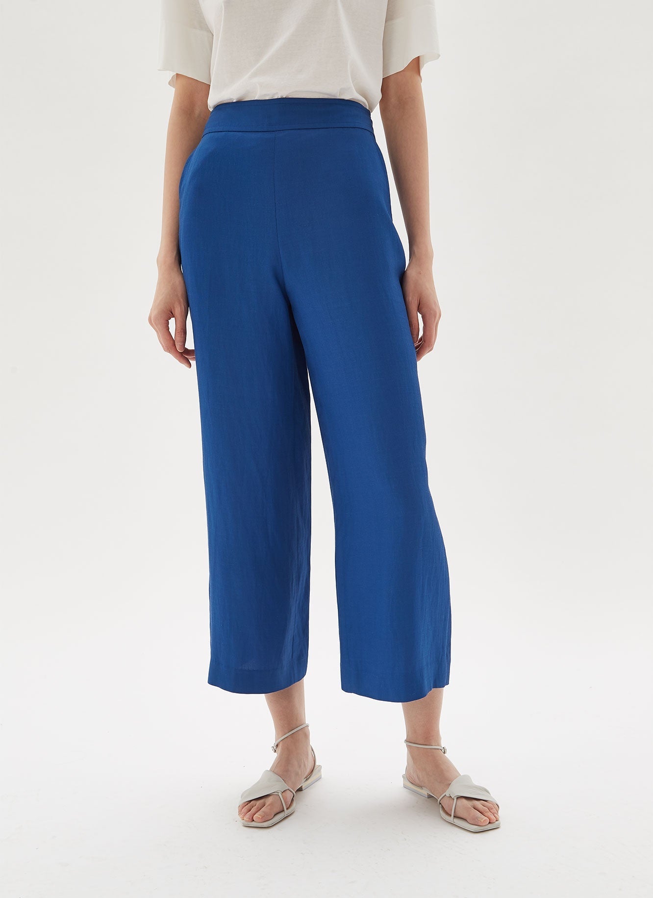 Women Trousers | Blue Straight Crop Trousers by Spanish designer Adolfo Dominguez