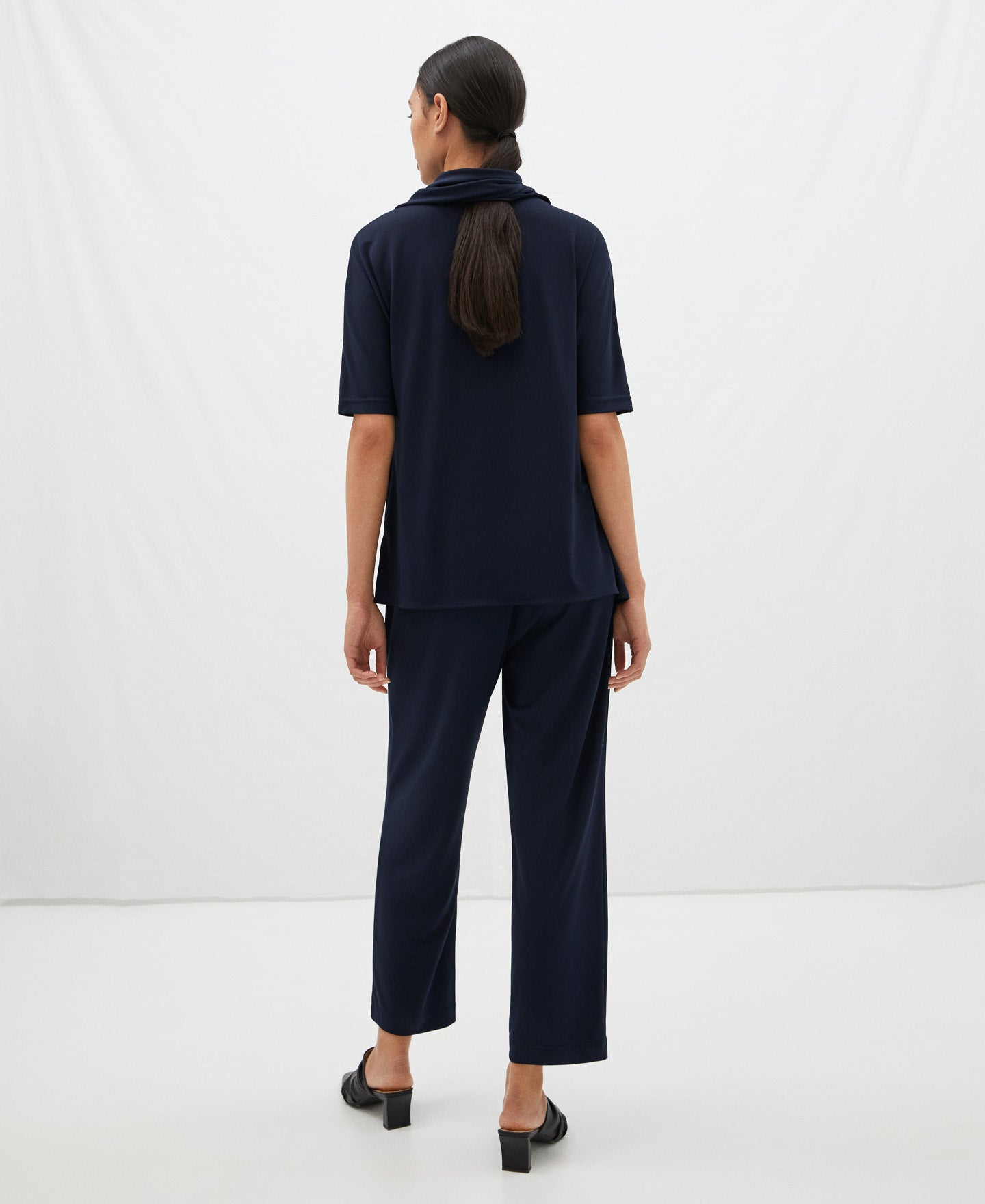 Women T-Shirt (Short Sleeve) | Blue Stretch Knitted Lace Top by Spanish designer Adolfo Dominguez