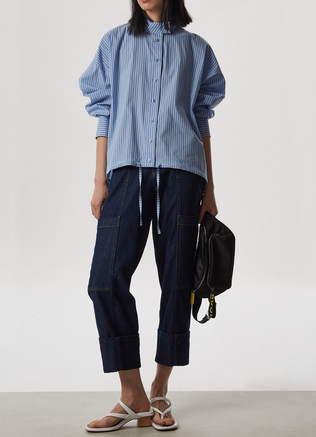 Women Shirt | Blue Stripe Elastic Cotton Shirt With Hem Gatherin by Spanish designer Adolfo Dominguez