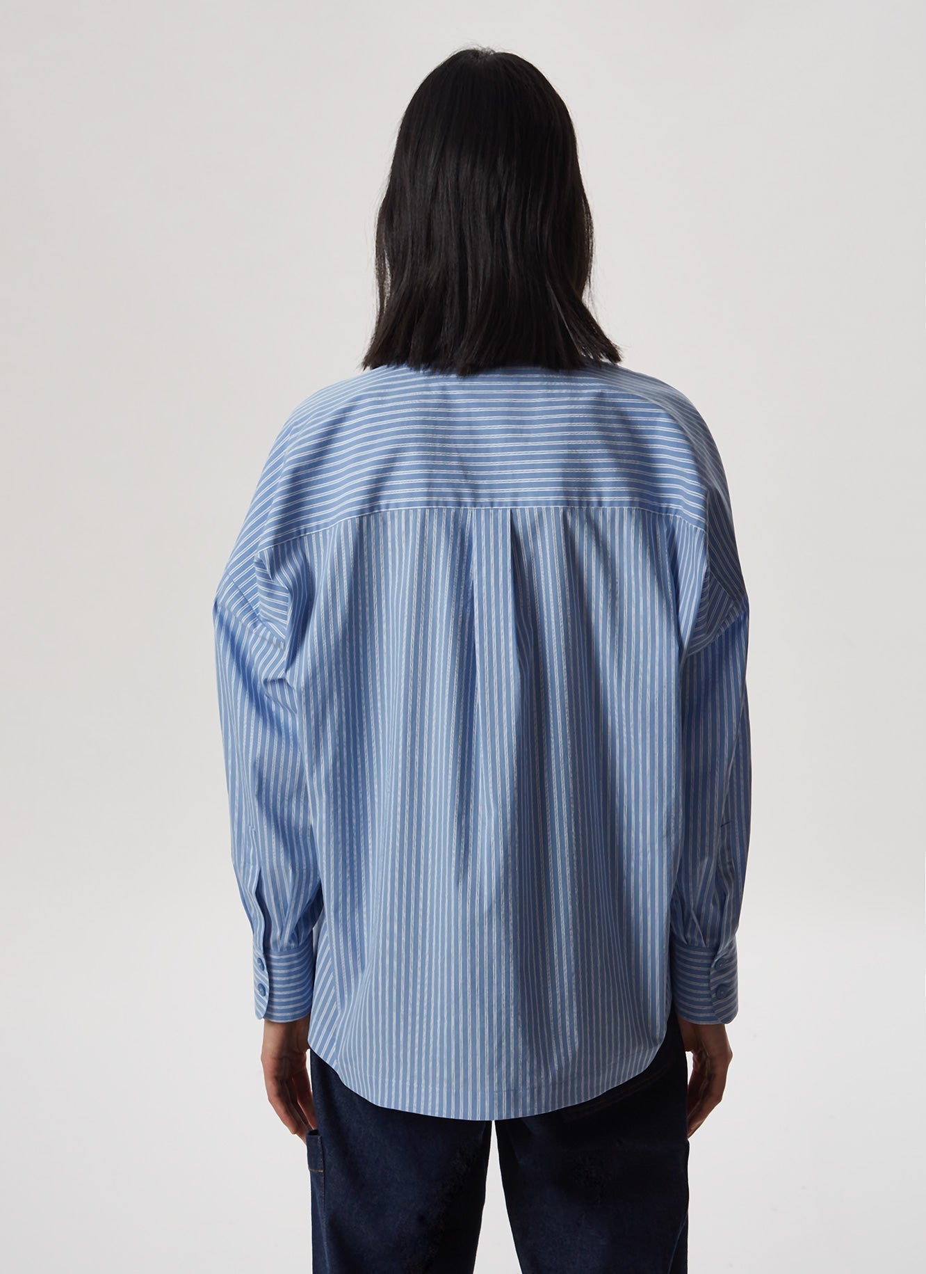 Women Shirt | Blue Stripe Elastic Cotton Shirt With Hem Gatherin by Spanish designer Adolfo Dominguez