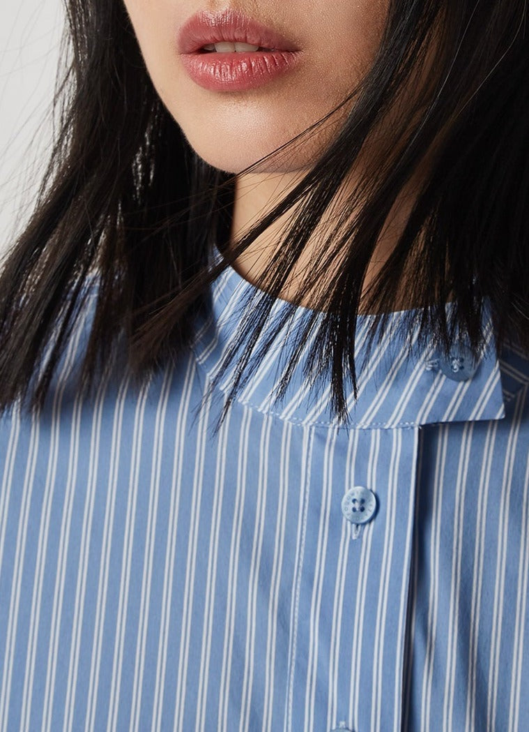 Women Shirt | Blue Stripe Elastic Cotton Shirt With Hem Gatherin by Spanish designer Adolfo Dominguez