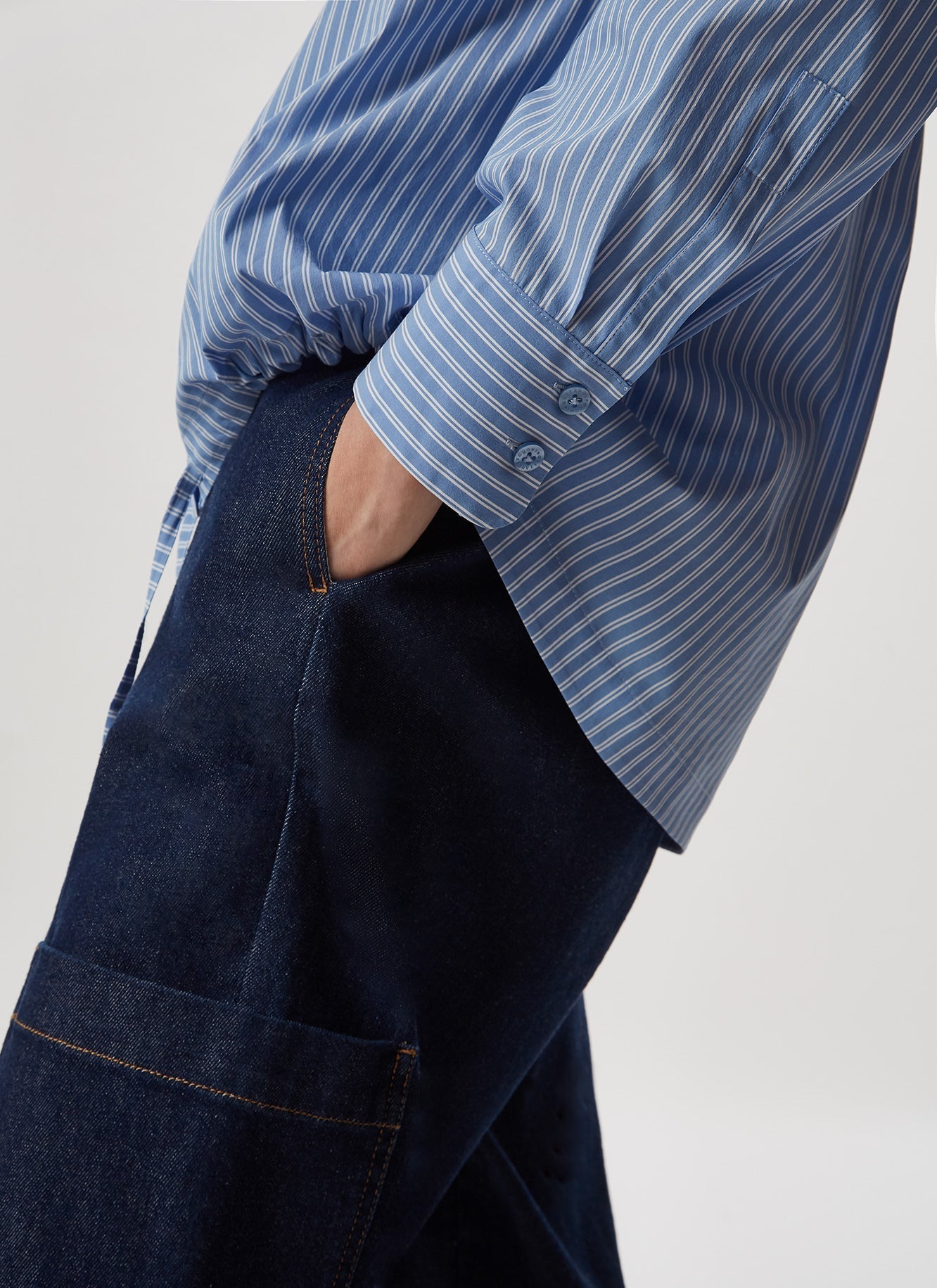 Women Shirt | Blue Stripe Elastic Cotton Shirt With Hem Gatherin by Spanish designer Adolfo Dominguez