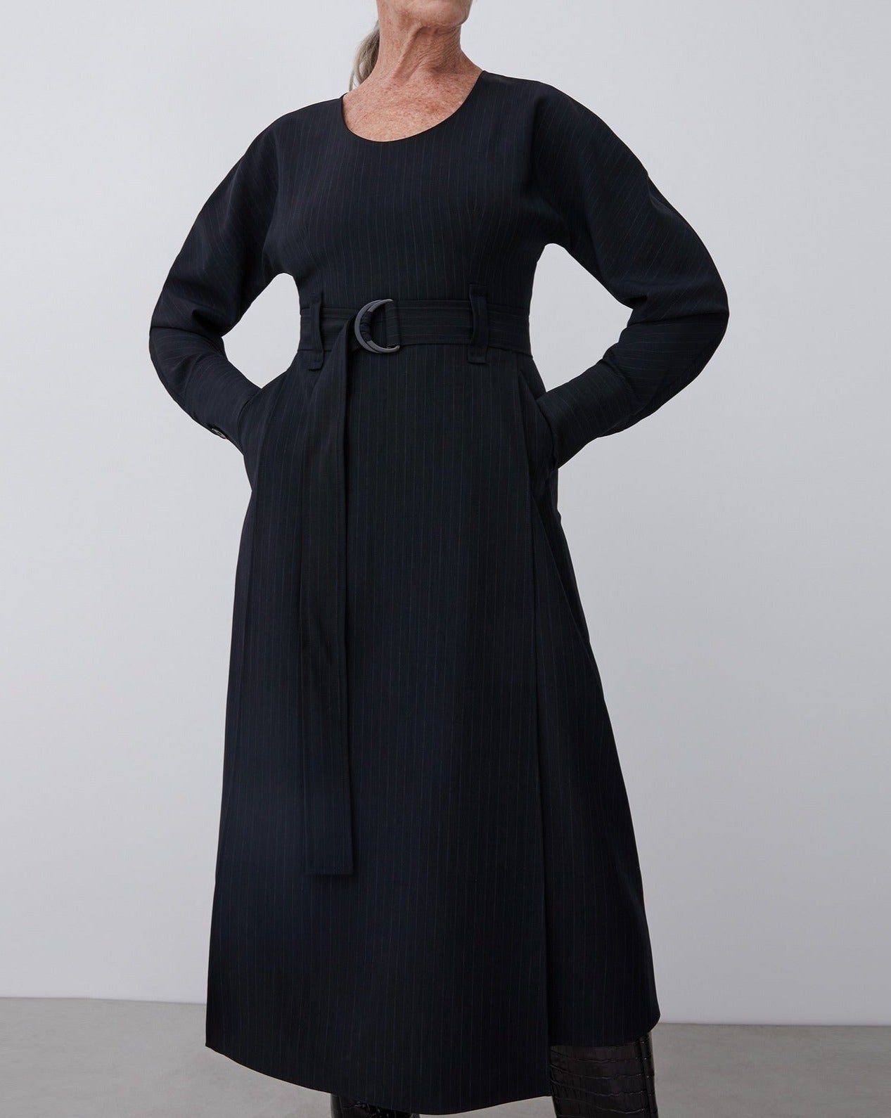 Women Dress | Blue Stripe Midi Dress With Round Collar And Belt by Spanish designer Adolfo Dominguez