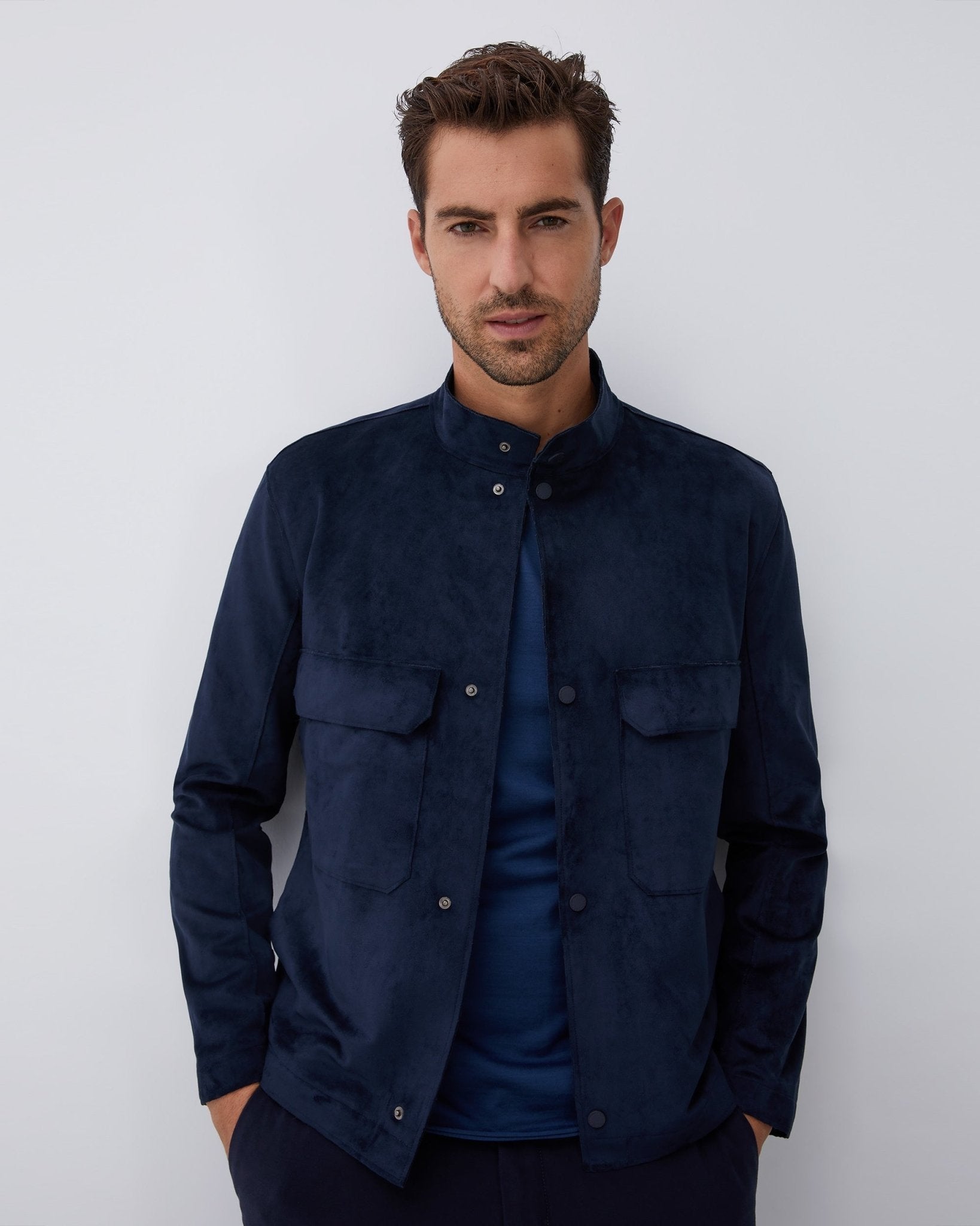 Men Ecoleather | Blue Suedette Jacket With Chest Patch Pockets by Spanish designer Adolfo Dominguez