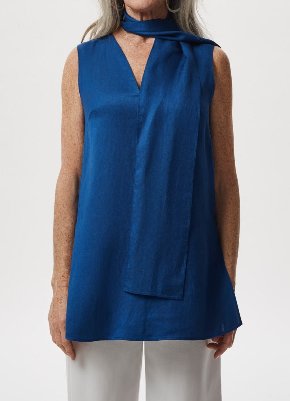 Women Top | Blue Viscose And Linen Top With Scarf by Spanish designer Adolfo Dominguez
