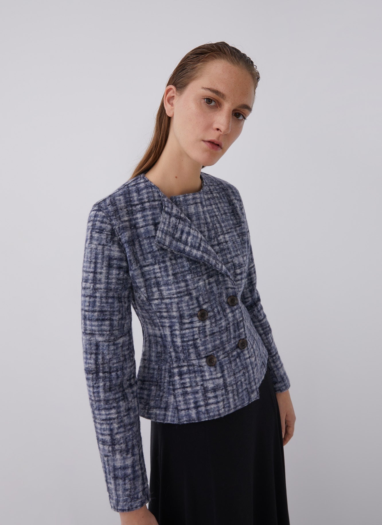 Women Structured Jacket | Blue/Grey Boiled Wool Jacket With Buttons by Spanish designer Adolfo Dominguez