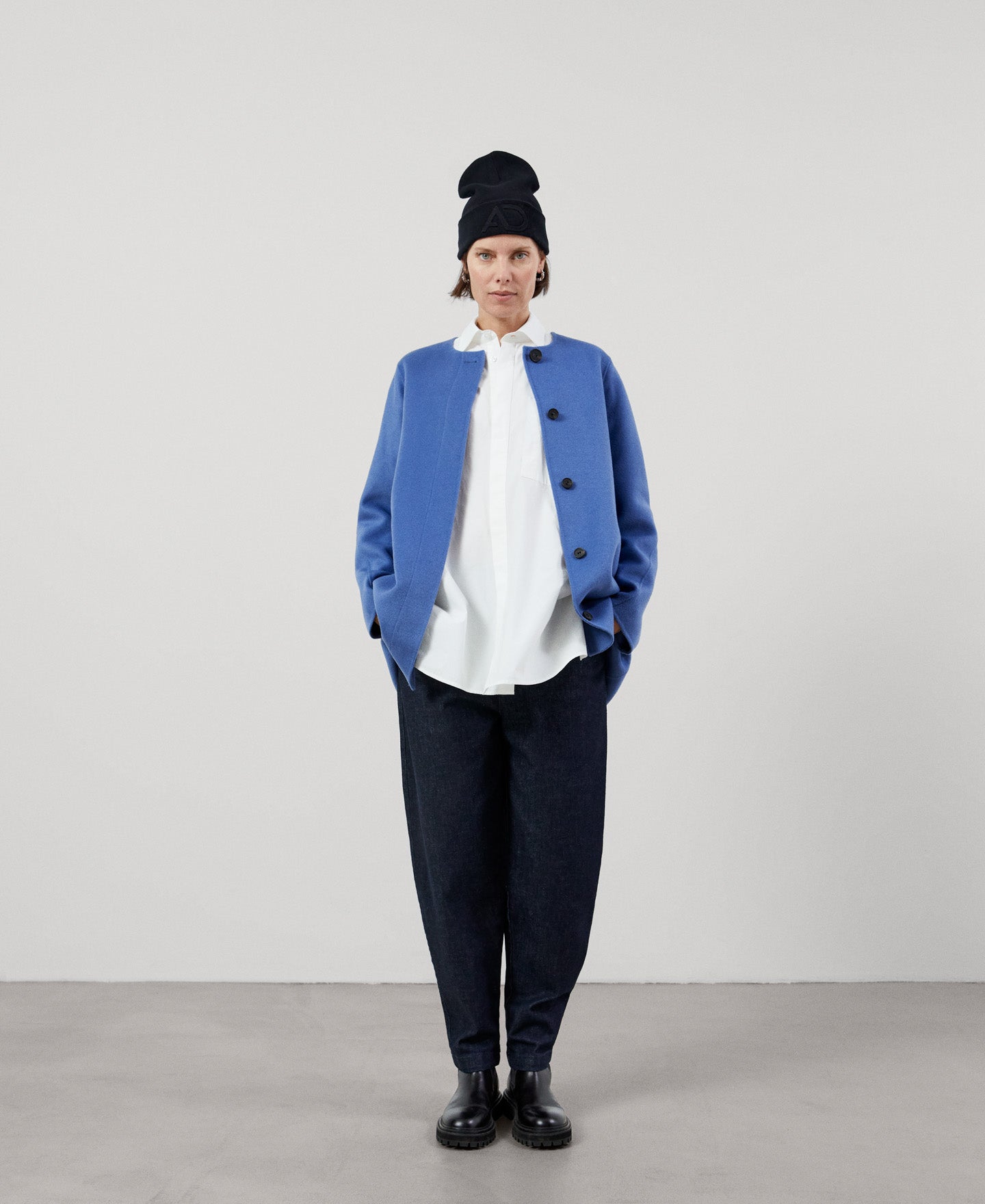 Women Coat | Blue/Grey Double Face Long Coat by Spanish designer Adolfo Dominguez