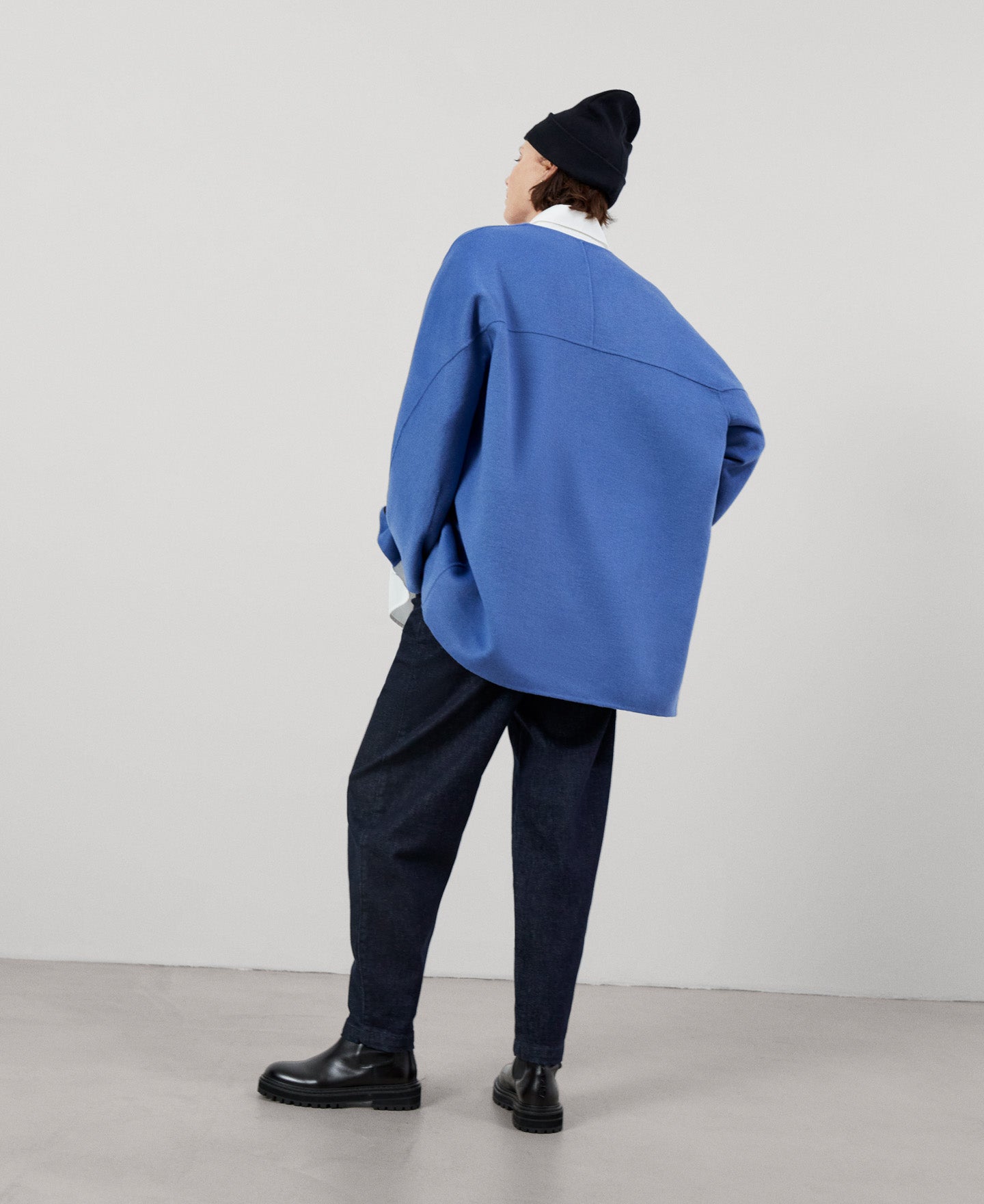 Women Coat | Blue/Grey Double Face Long Coat by Spanish designer Adolfo Dominguez