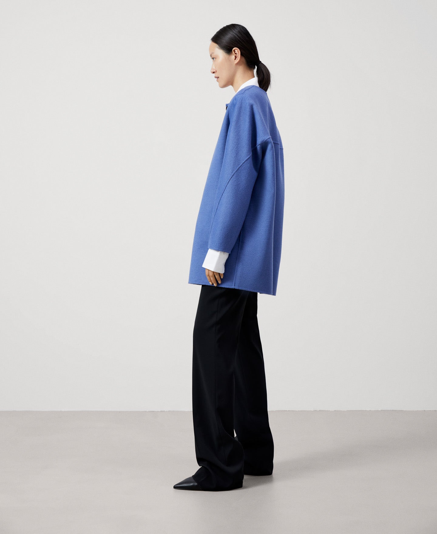 Women Coat | Blue/Grey Double Face Long Coat by Spanish designer Adolfo Dominguez