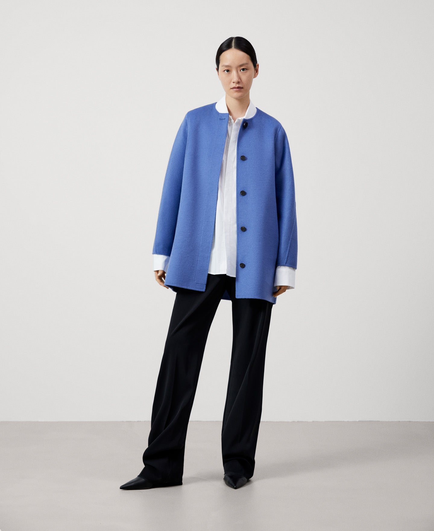 Women Coat | Blue/Grey Double Face Long Coat by Spanish designer Adolfo Dominguez