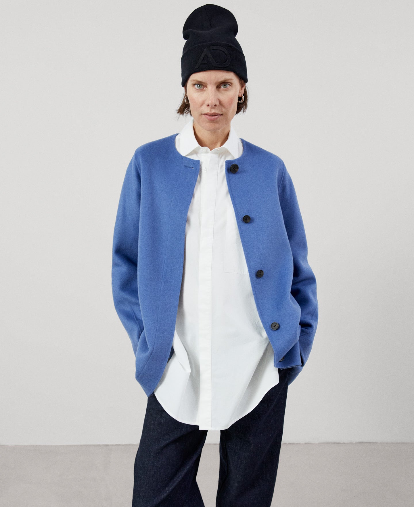Women Coat | Blue/Grey Double Face Long Coat by Spanish designer Adolfo Dominguez
