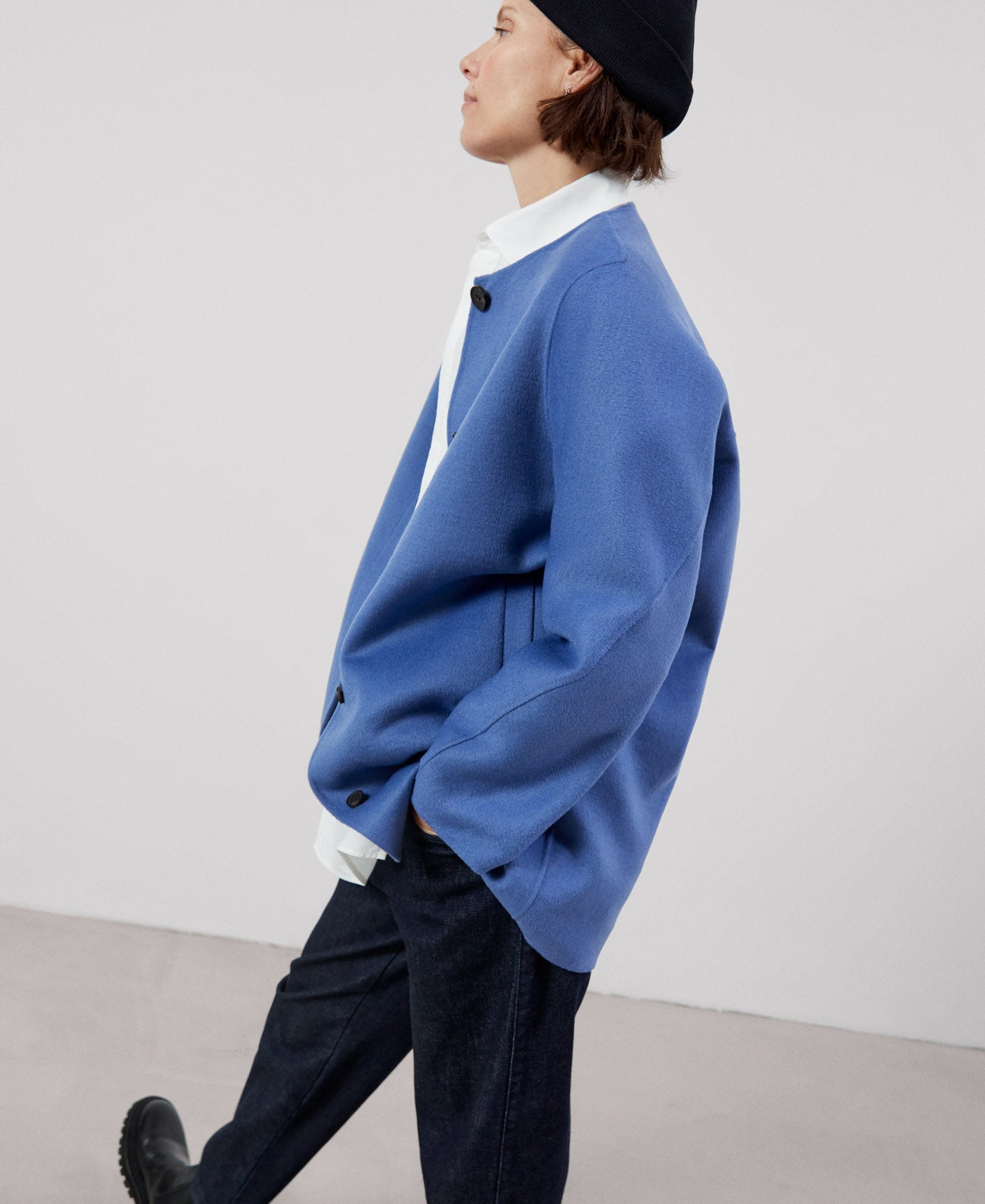 Women Coat | Blue/Grey Double Face Long Coat by Spanish designer Adolfo Dominguez