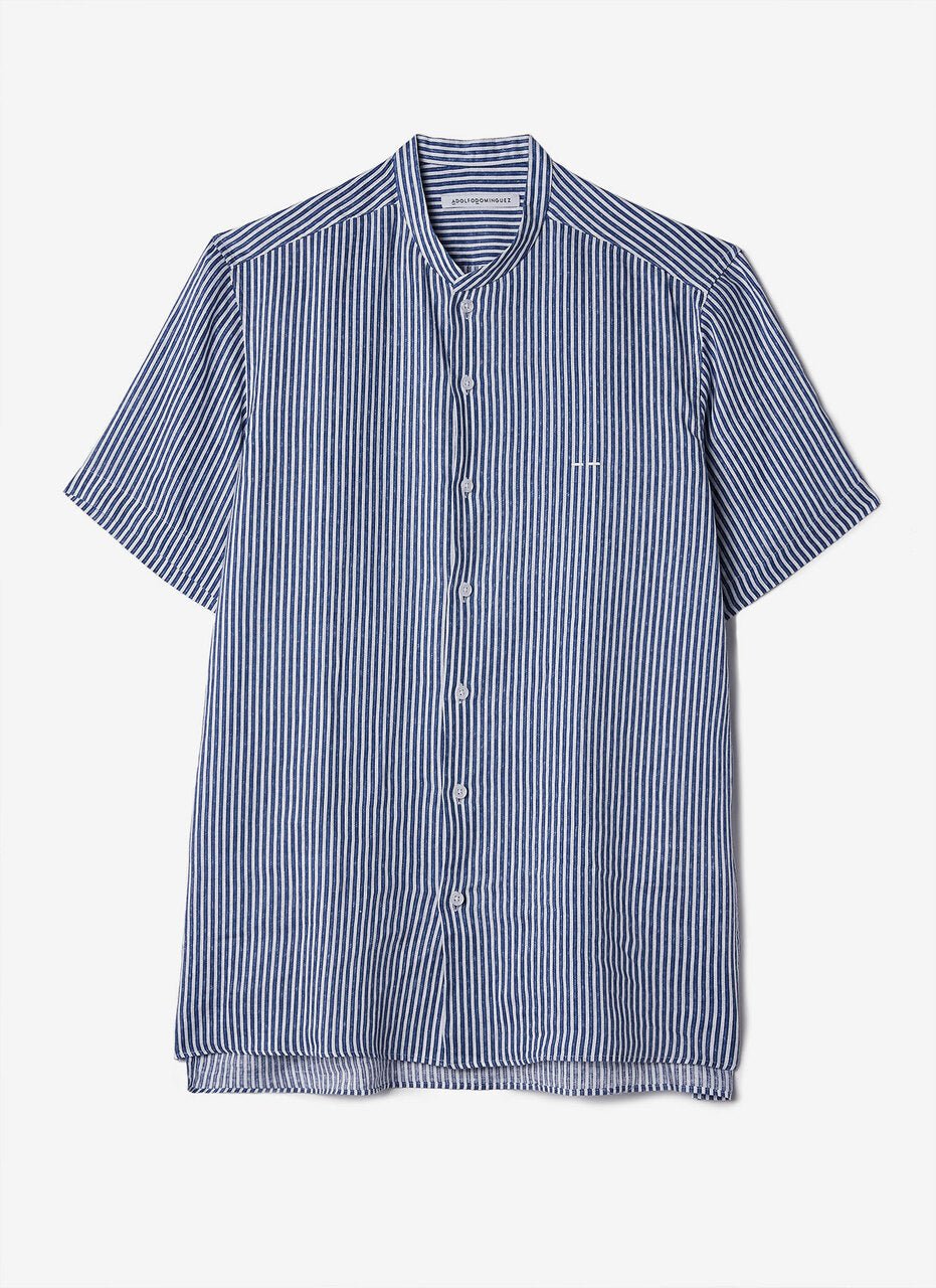 Men Shirt | Blue/White Linen Short Sleeve Shirt by Spanish designer Adolfo Dominguez