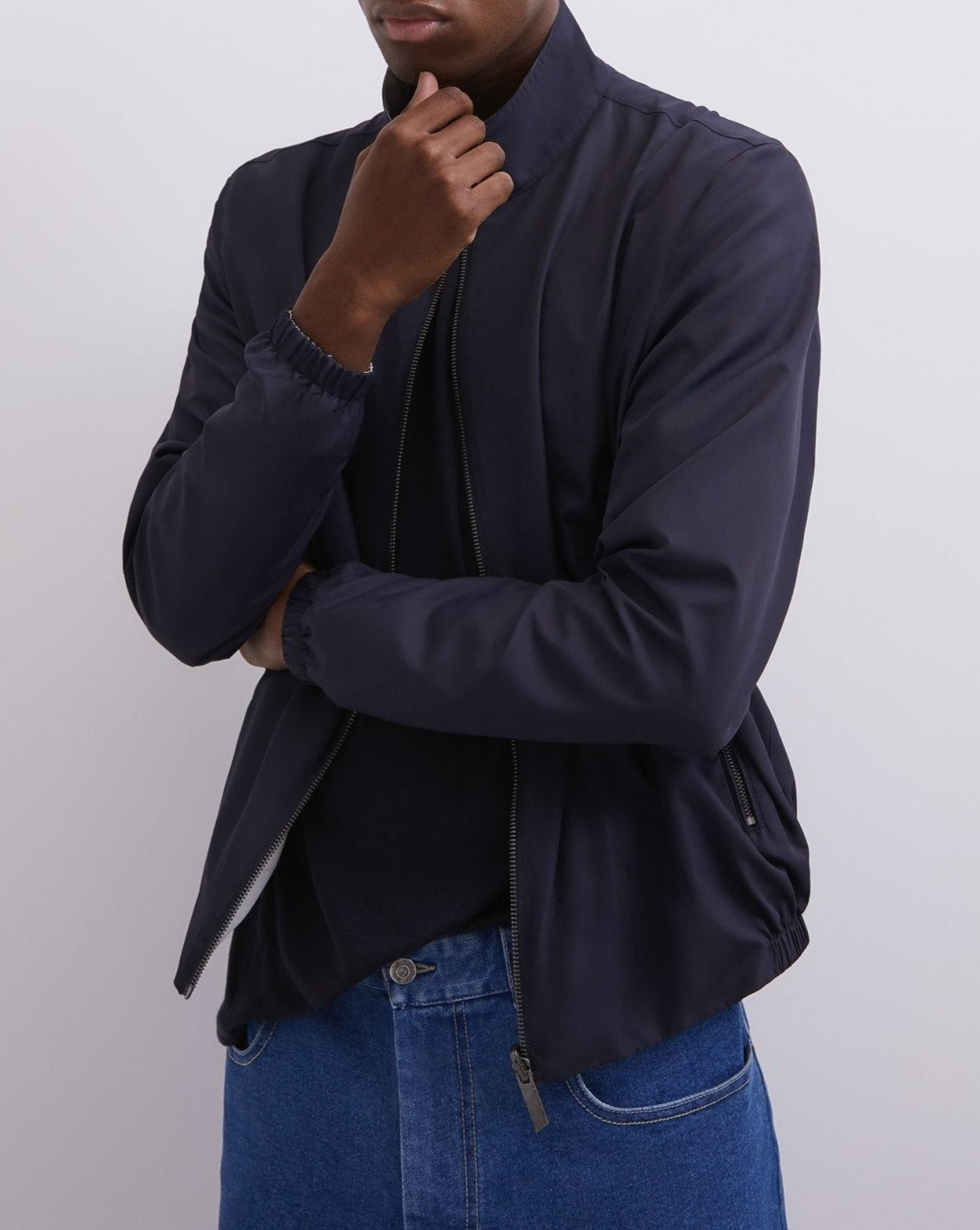 Men Jacket | Blue/White Reversible Jacket With Mandarin Collar by Spanish designer Adolfo Dominguez