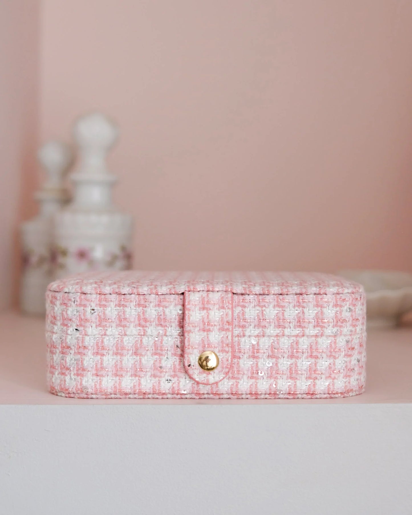 Brigitte Houndstooth Travel Jewelry Box Pink