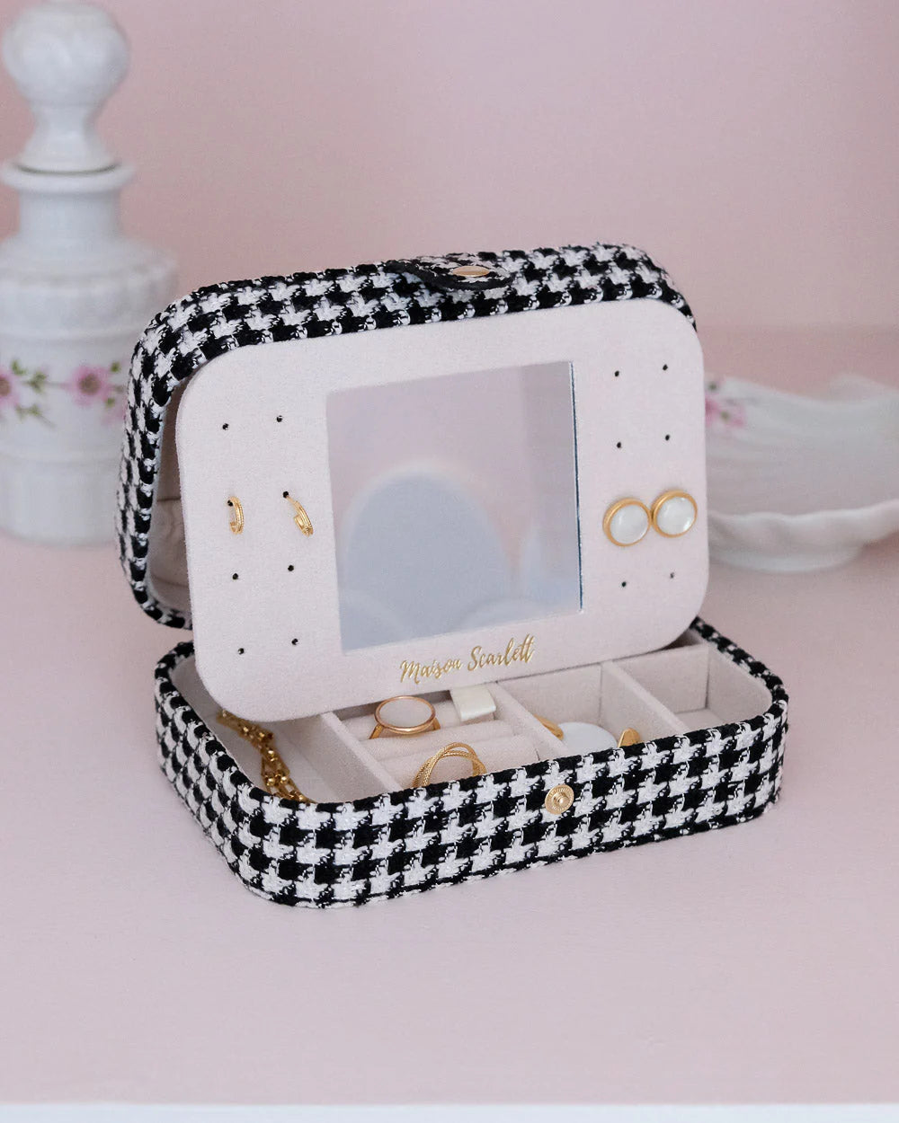 Brigitte Houndstooth Travel Jewelry Box Black