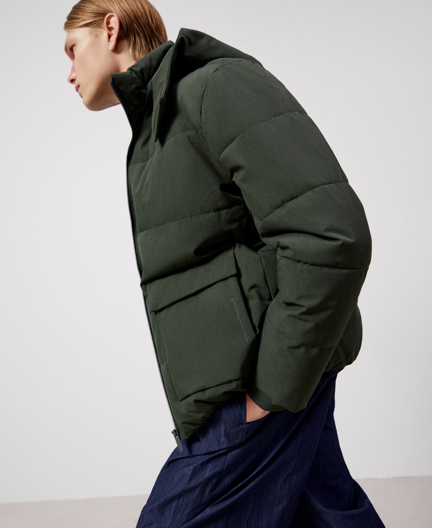 Men Short Jacket | Bottle Green Padded Hood Jacket by Spanish designer Adolfo Dominguez