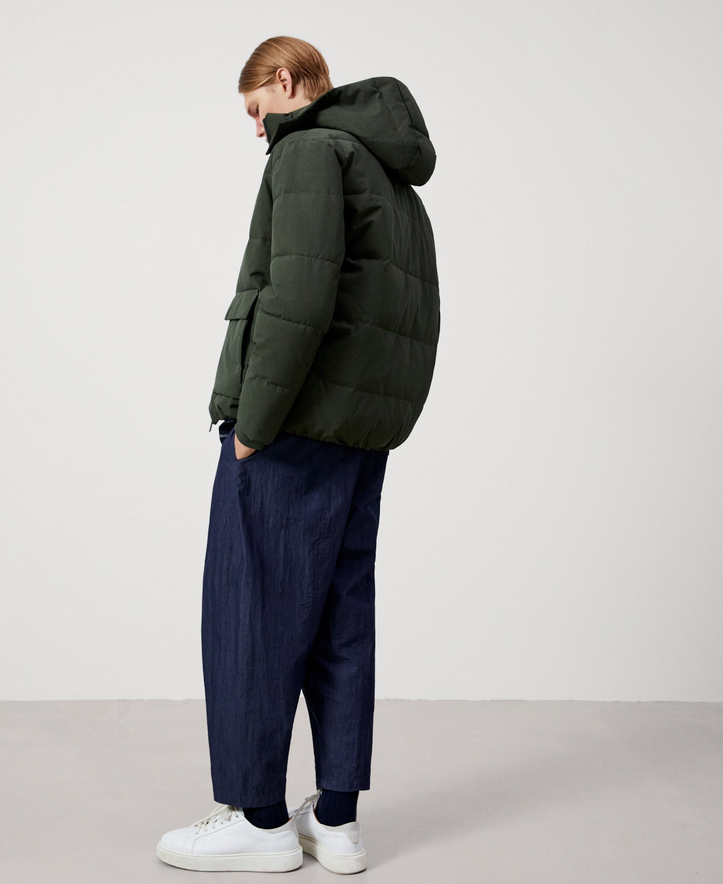 Men Short Jacket | Bottle Green Padded Hood Jacket by Spanish designer Adolfo Dominguez
