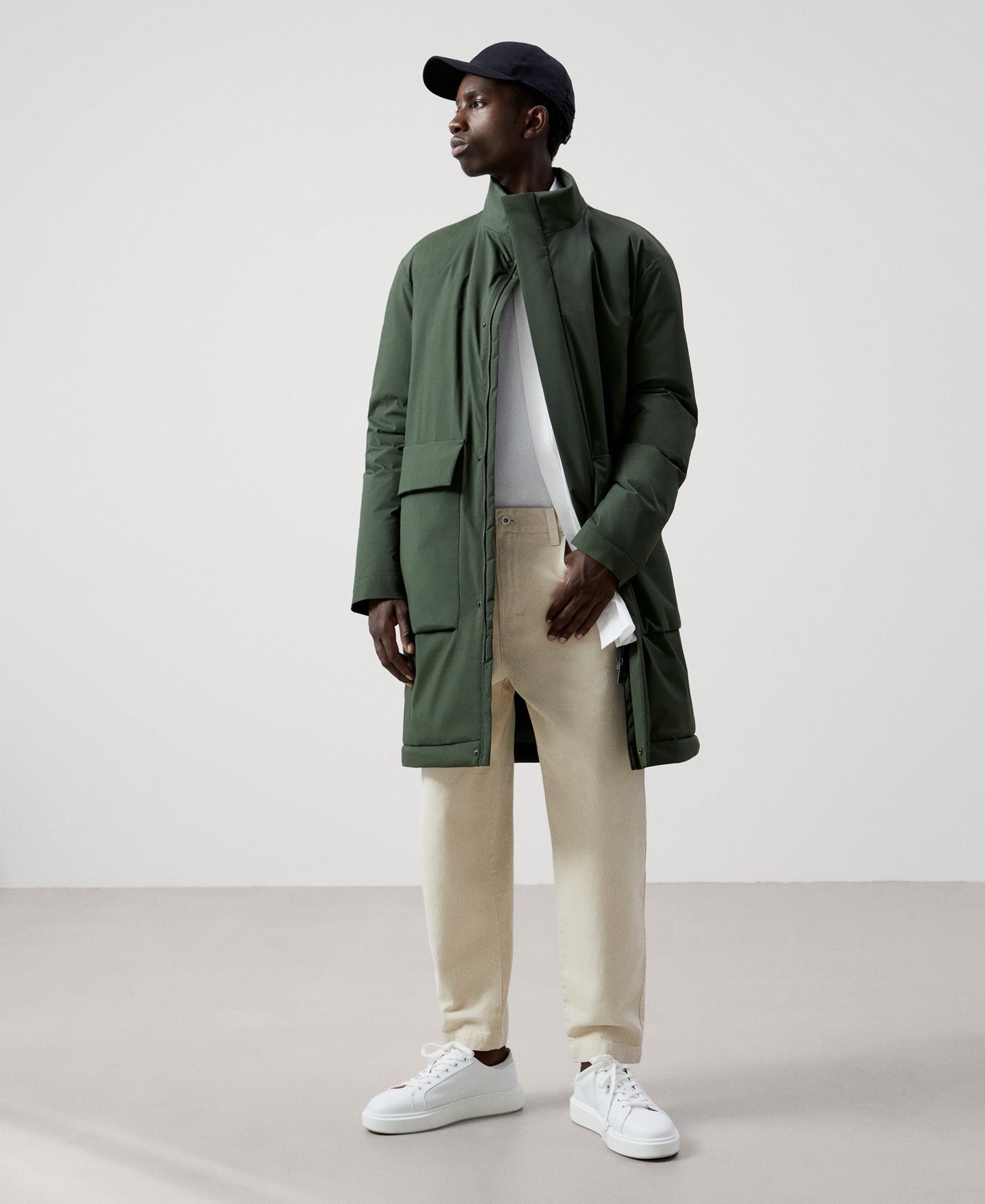 Men Long Jacket | Bottle Green Padded Nylon Coat by Spanish designer Adolfo Dominguez