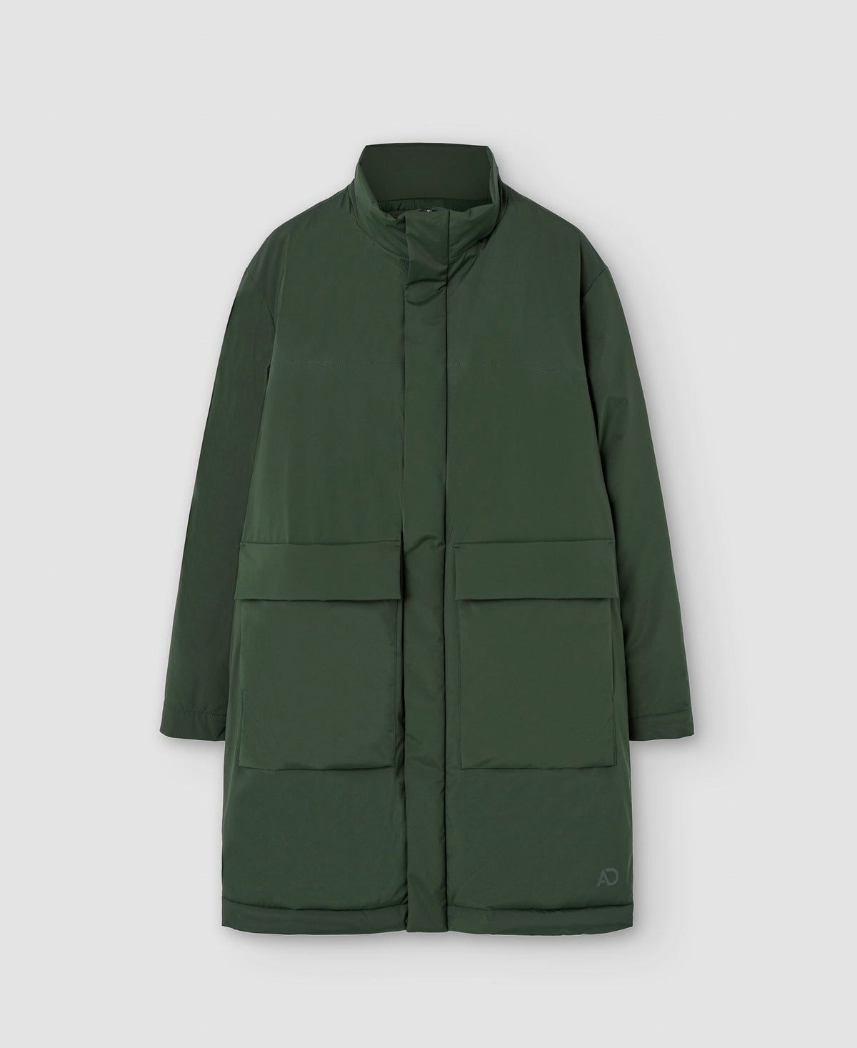 Men Long Jacket | Bottle Green Padded Nylon Coat by Spanish designer Adolfo Dominguez