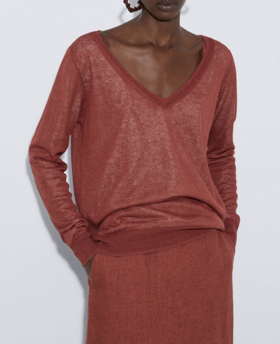 Women Jersey | Brick Red Fine Linen Sweater by Spanish designer Adolfo Dominguez