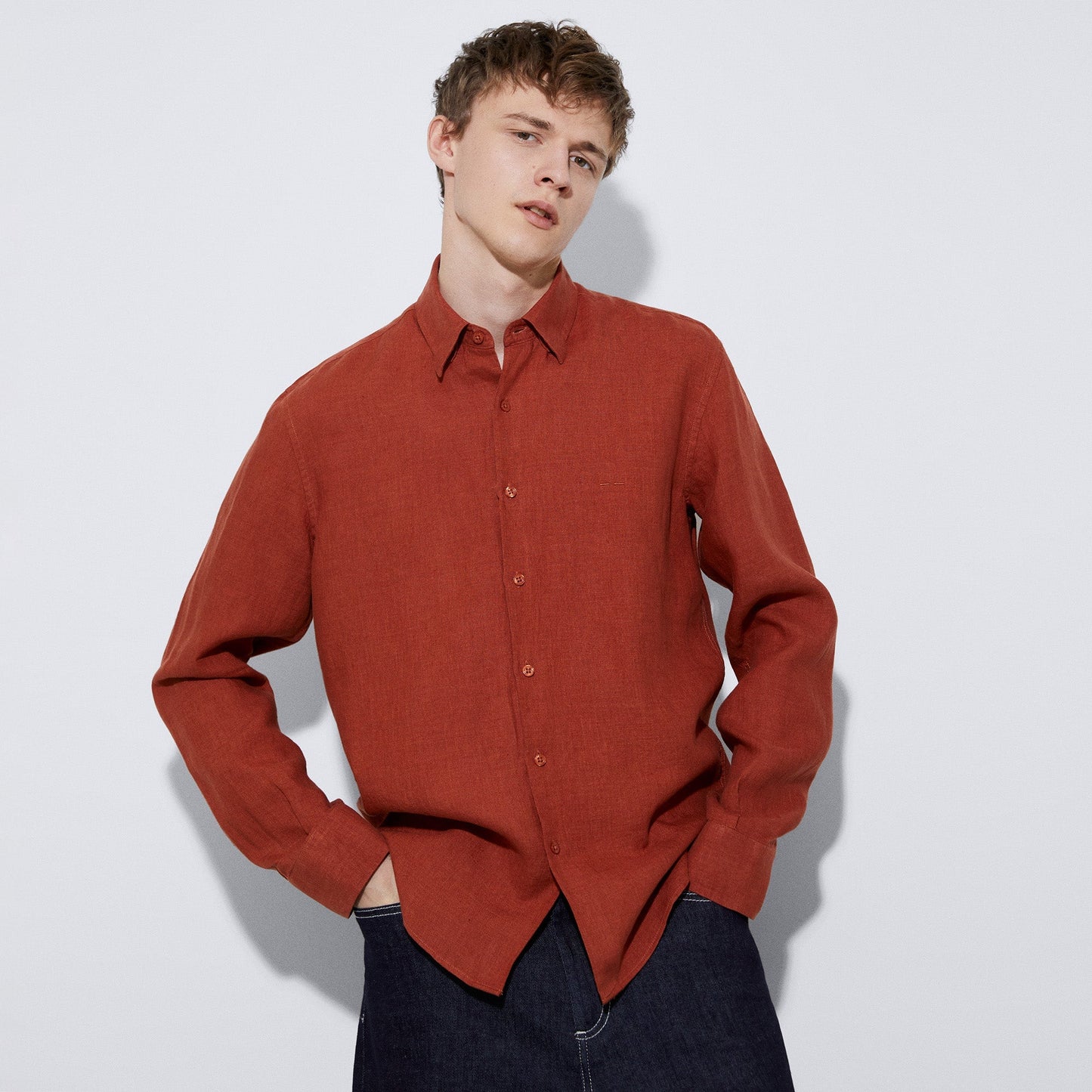 Men Shirt | Brick Red Natural Linen Lapel Collar Shirt by Spanish designer Adolfo Dominguez