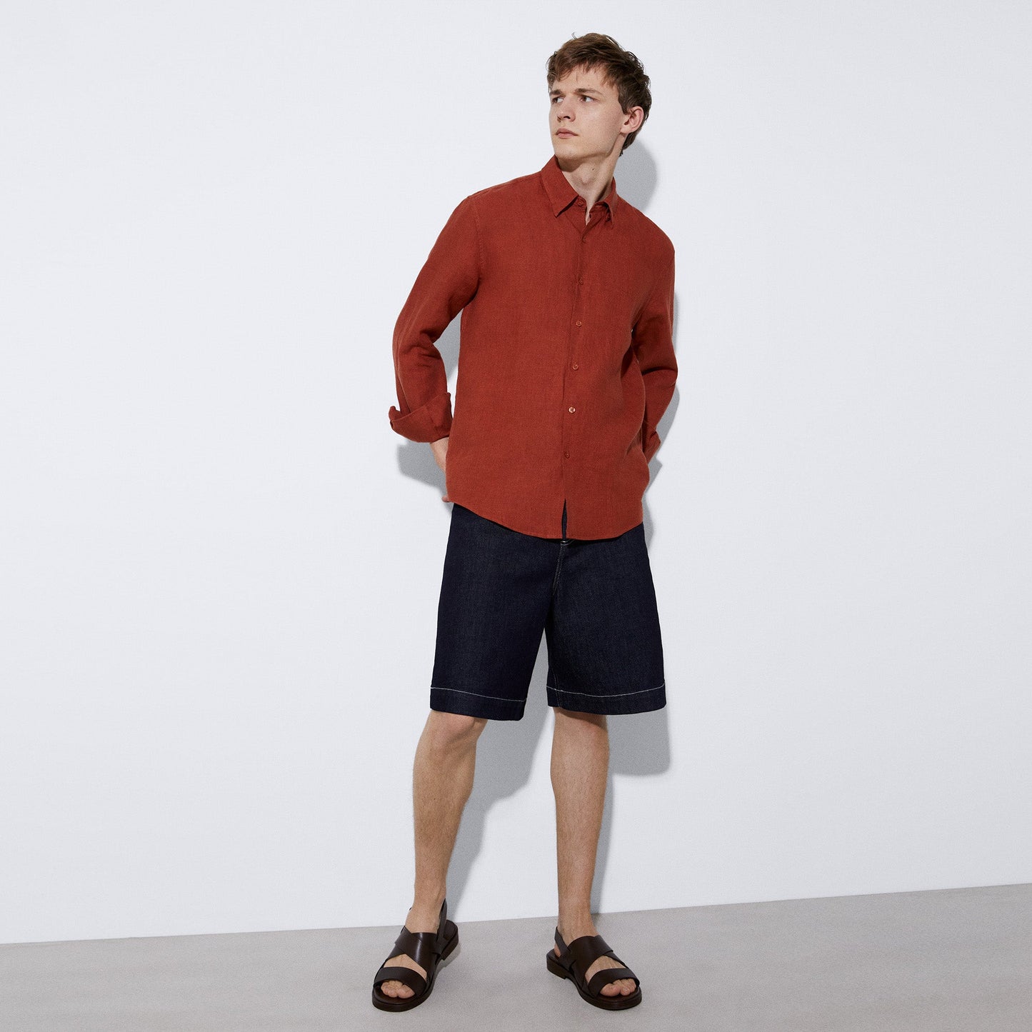 Men Shirt | Brick Red Natural Linen Lapel Collar Shirt by Spanish designer Adolfo Dominguez