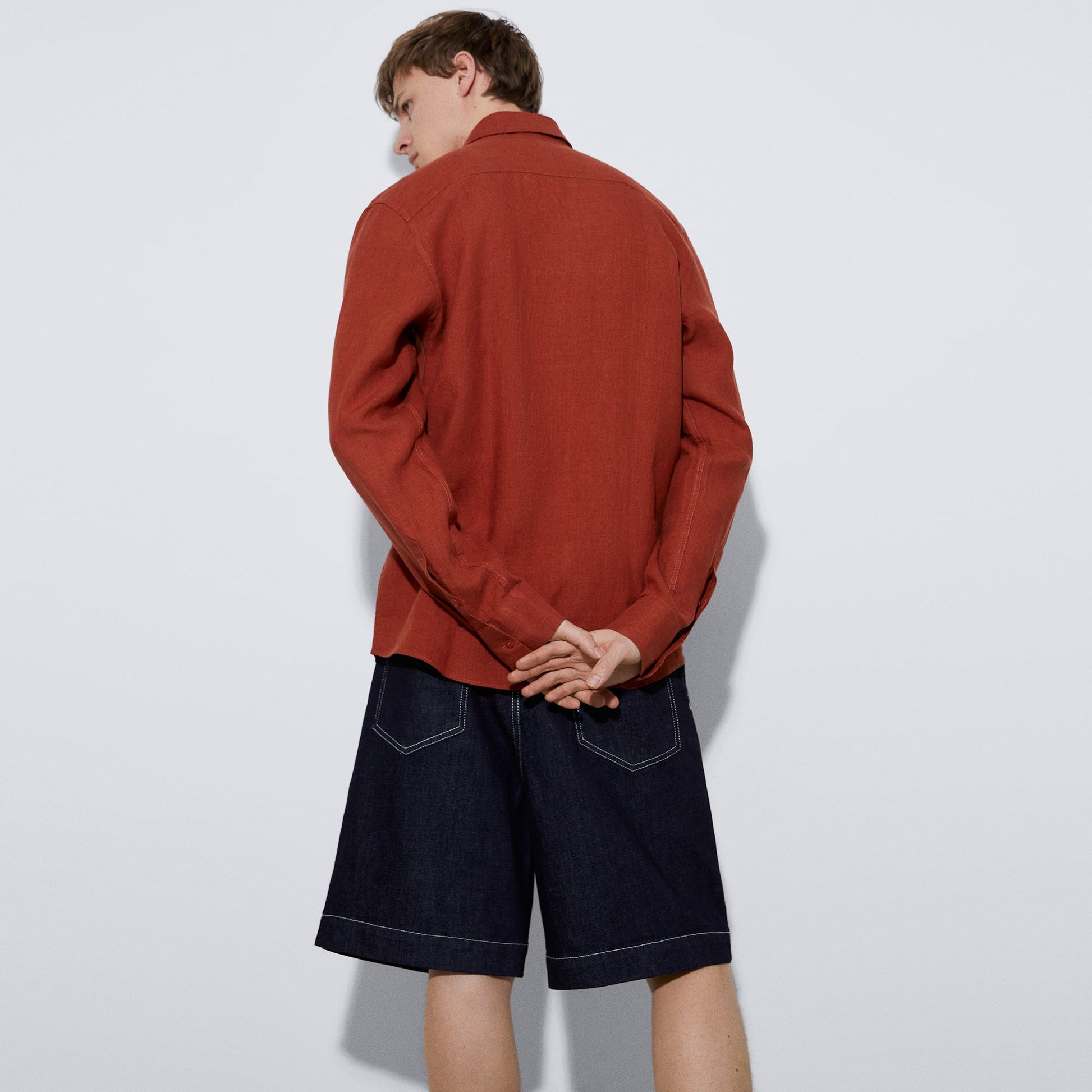 Men Shirt | Brick Red Natural Linen Lapel Collar Shirt by Spanish designer Adolfo Dominguez